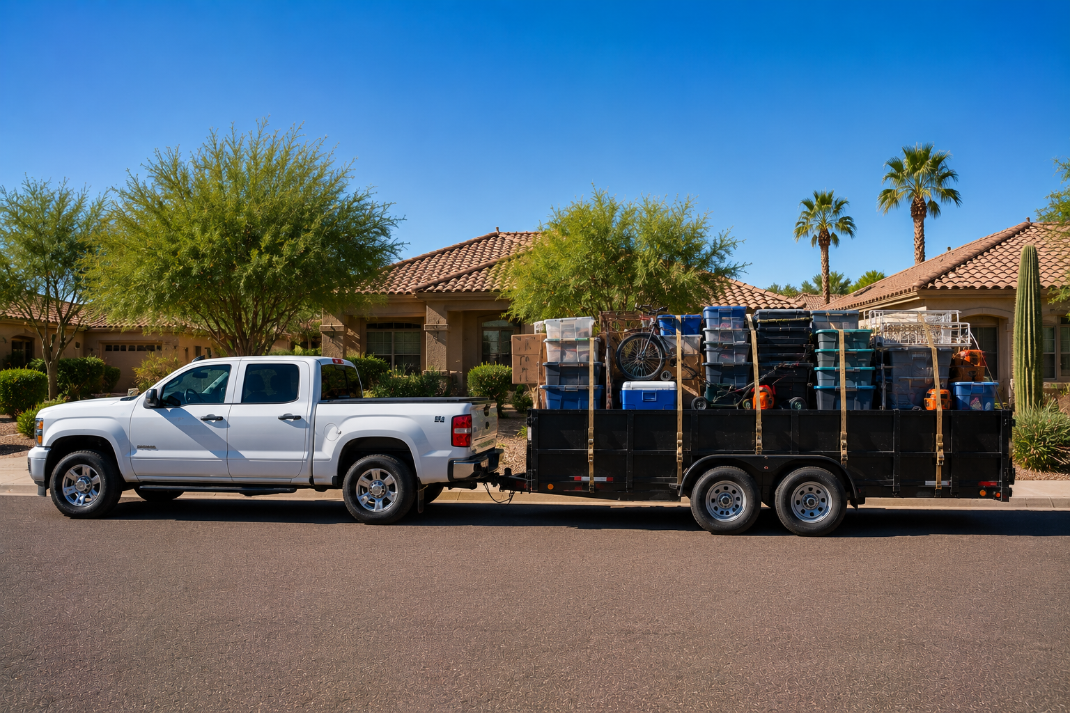 A white pickup truck towing a black trailer filled with moving and storage boxes, a bicycle, and various tools and equipment, parked on a suburban street with houses, trees, and palm trees in the background under a clear blue sky.