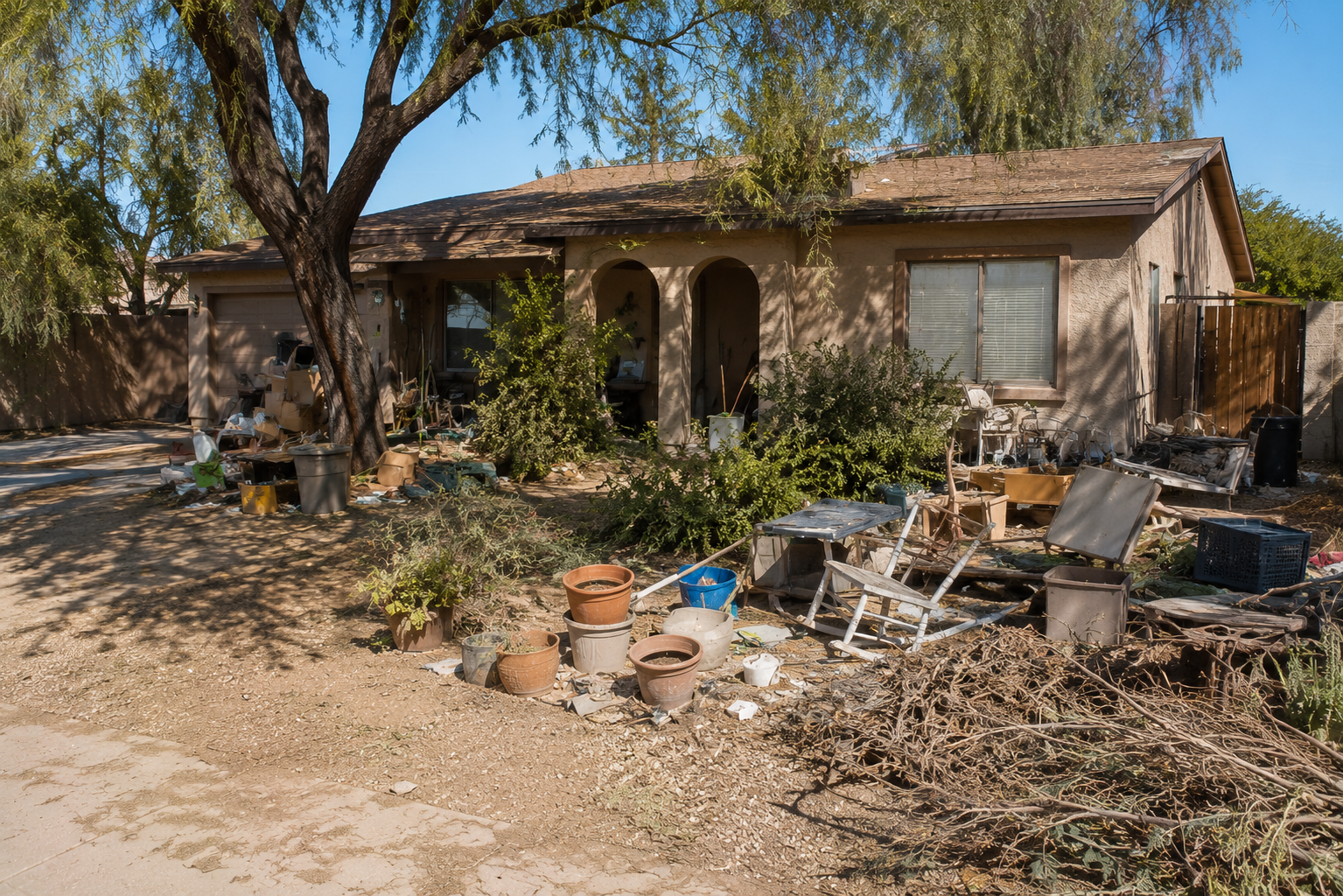 Front yard of a house with clutter, debris, and damaged furniture scattered across the yard and near the house, including pots, chairs, and trash, under a large tree on a sunny day.