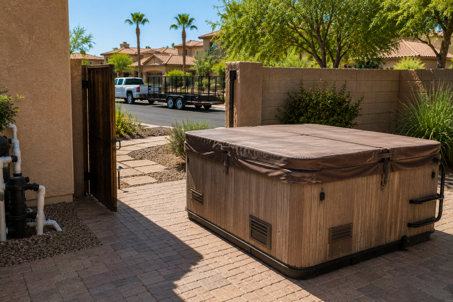 Backyard hot tub with brown cover next to a wall, paved patio, and landscape with plants and trees under clear sky.