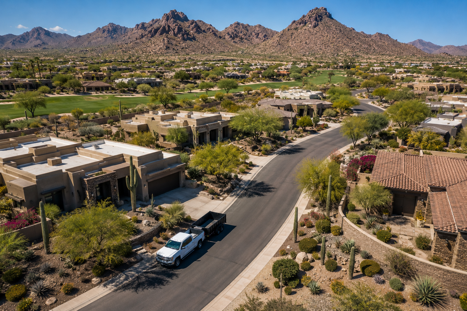 Aerial view of a desert neighborhood with modern houses, desert plants, and mountains in the background under a clear blue sky.