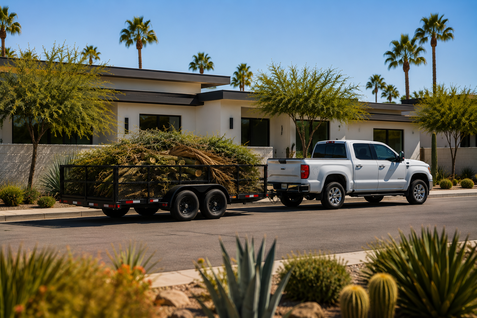 A white pickup truck towing a flatbed trailer filled with desert plants down a residential street with modern houses and palm trees.