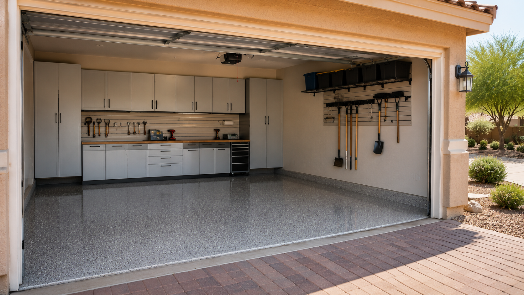 A clean, organized garage with tools hanging on the wall and cabinets, and a shiny epoxy floor.