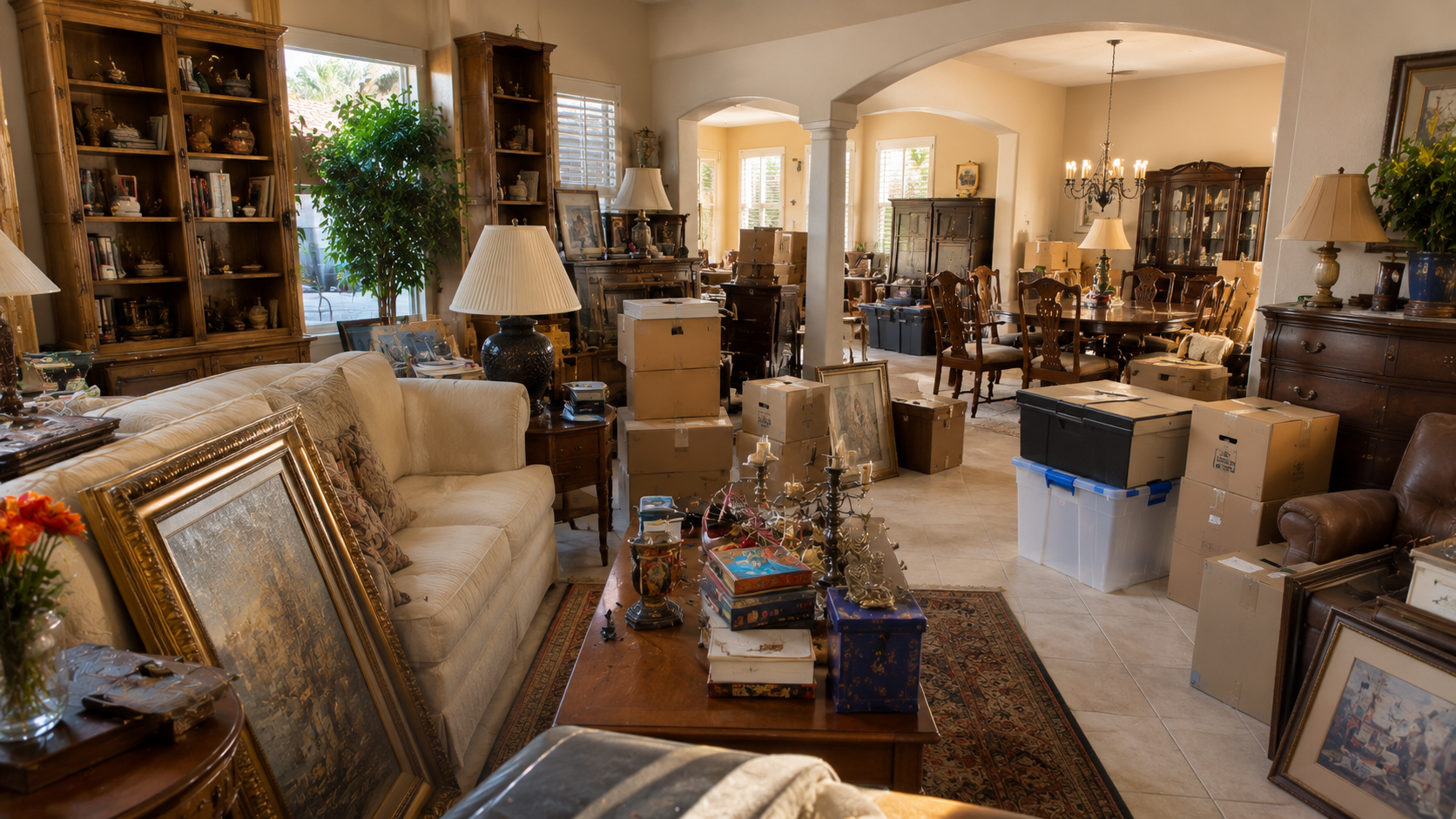 Living room filled with packed boxes, furniture, lamps, framed pictures, and decorative items, likely in the process of moving or organizing.