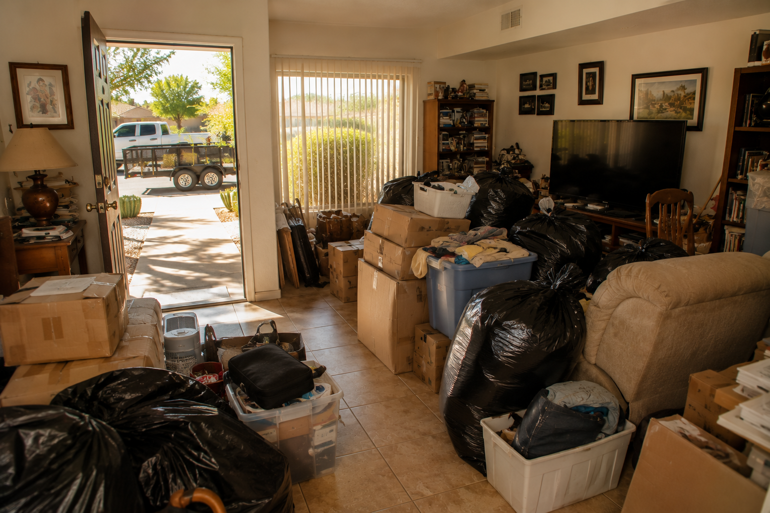 Living room cluttered with black garbage bags, cardboard boxes, plastic containers, and miscellaneous items, with an open front door leading outside to a sunny driveway with a car and trailer.
