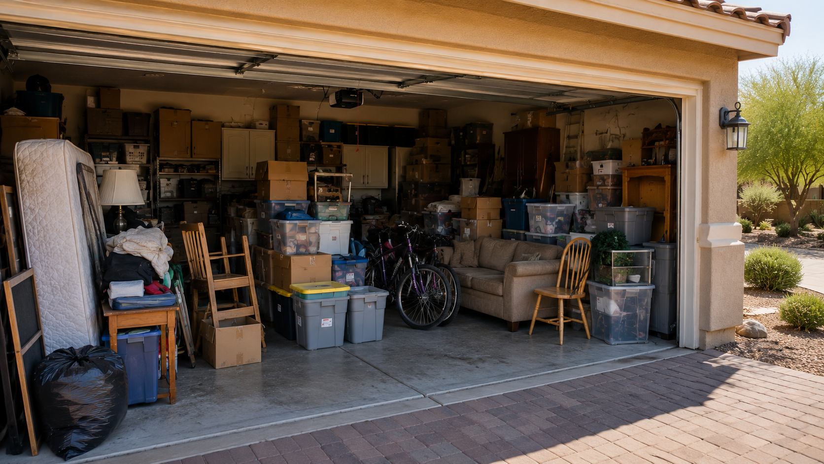Open garage filled with boxes, furniture, bicycles, and other stored items beside a desert landscape with trees and shrubs.