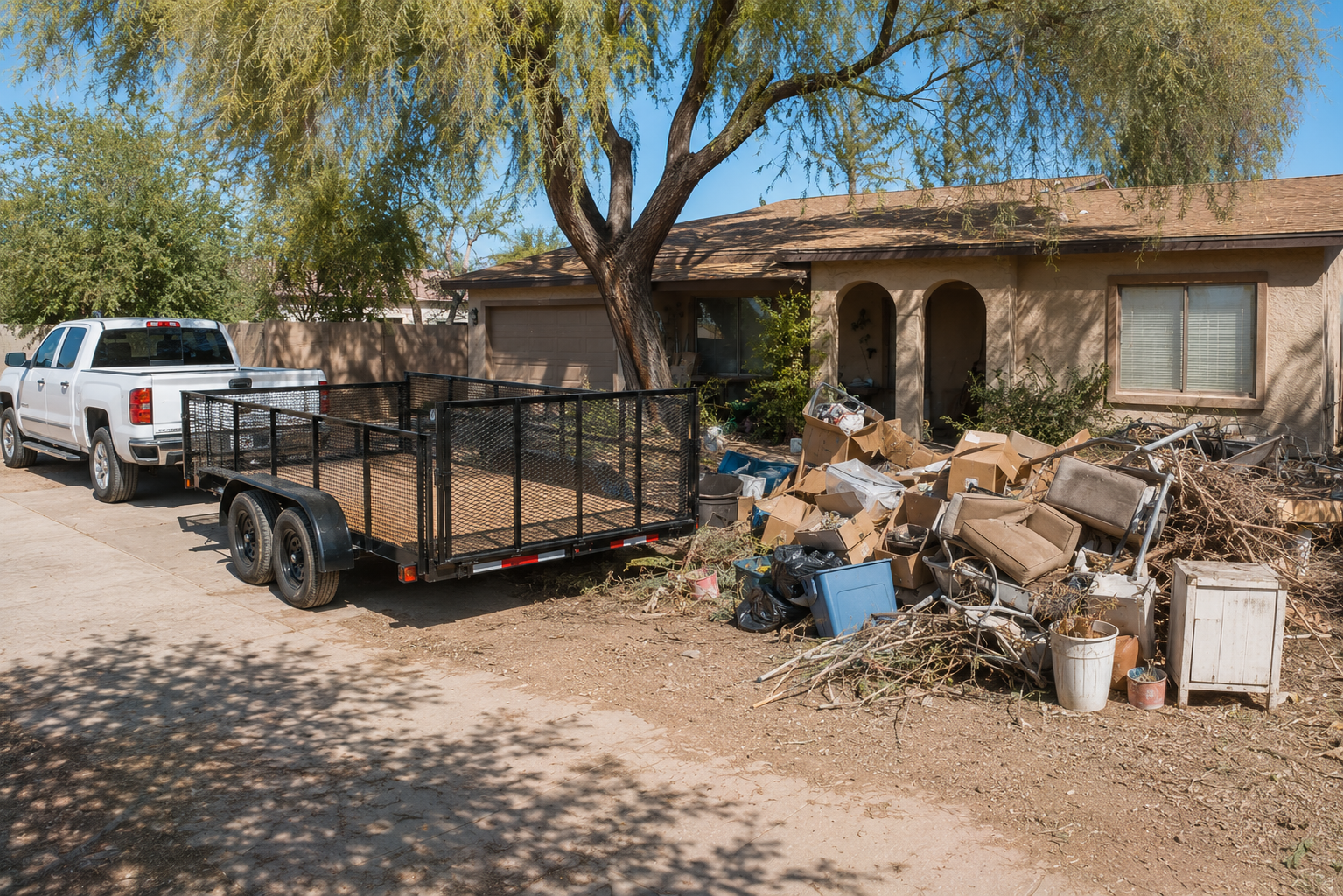 A white pickup truck with a black trailer is parked outside a house, with garbage and debris piled near the house's entrance. The house has a beige exterior with a tree providing shade.