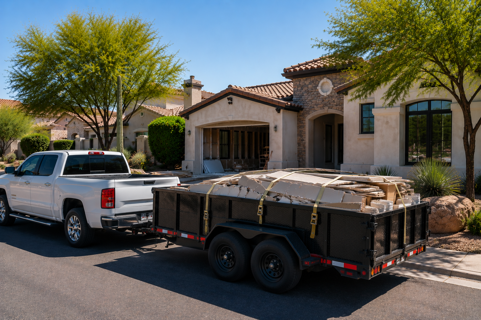 A-white pickup truck parked in front of a house with a trailer loaded with construction materials.