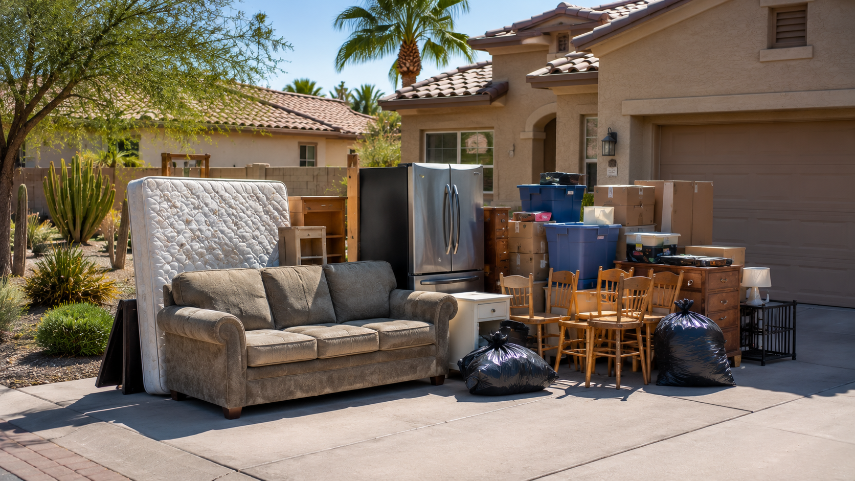 House with cluttered front yard containing furniture, boxes, bags, and household items, with desert plants and trees visible in the background.