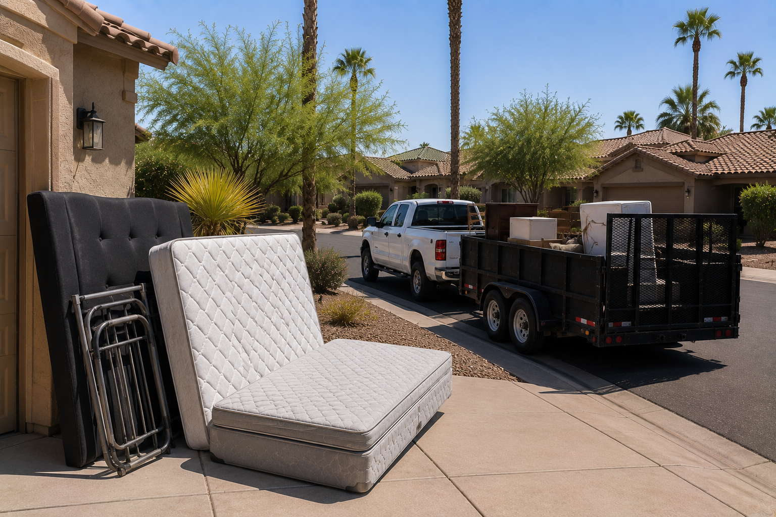 Furniture leaning against a house wall, with a truck parked on the street including some boxes and items in the bed of the truck, in a suburban neighborhood with desert landscaping and palm trees.