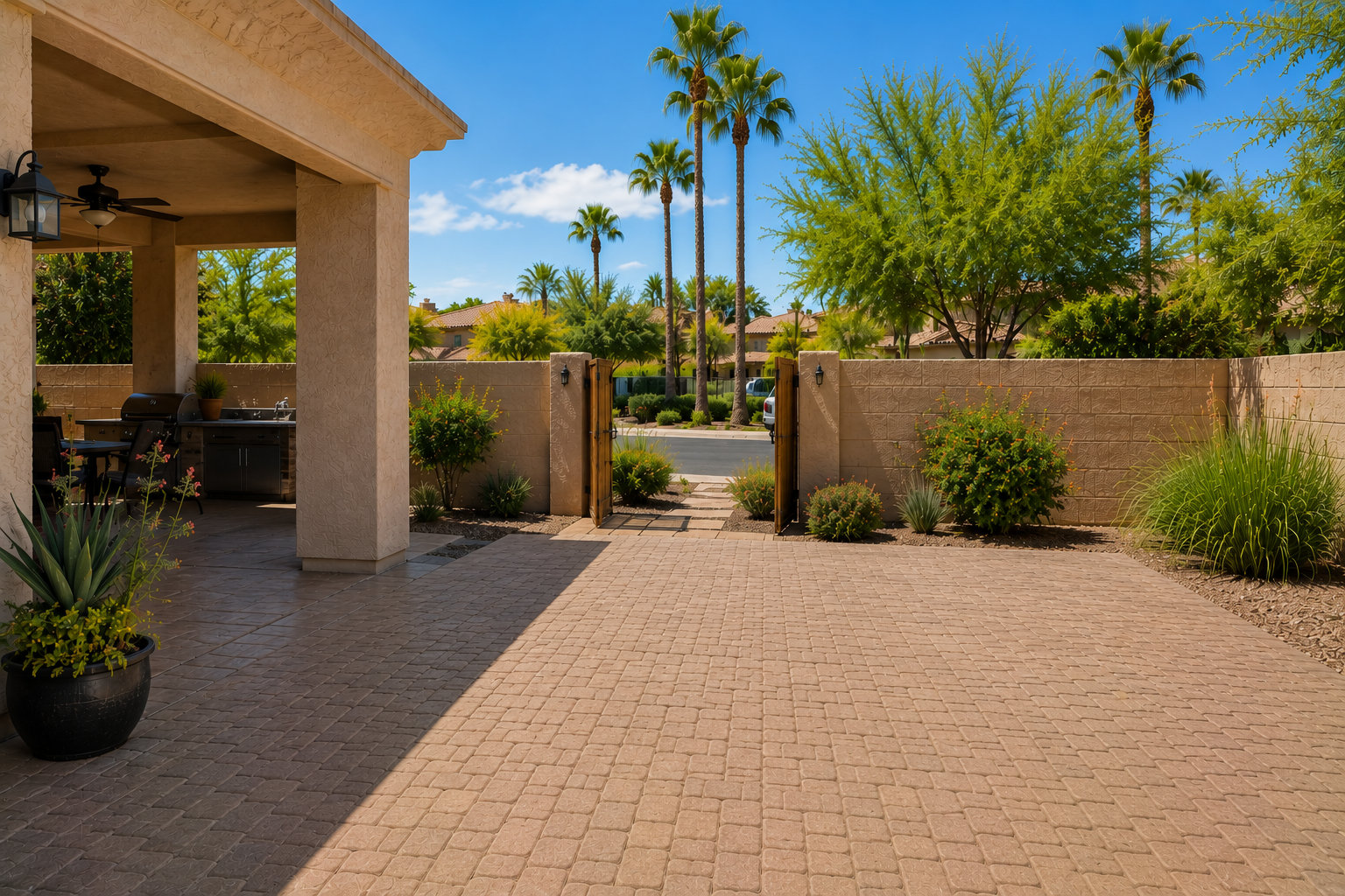 View of a backyard patio area with paver tiles, open wooden gate, landscaped plants, and tall palm trees under a blue sky.
