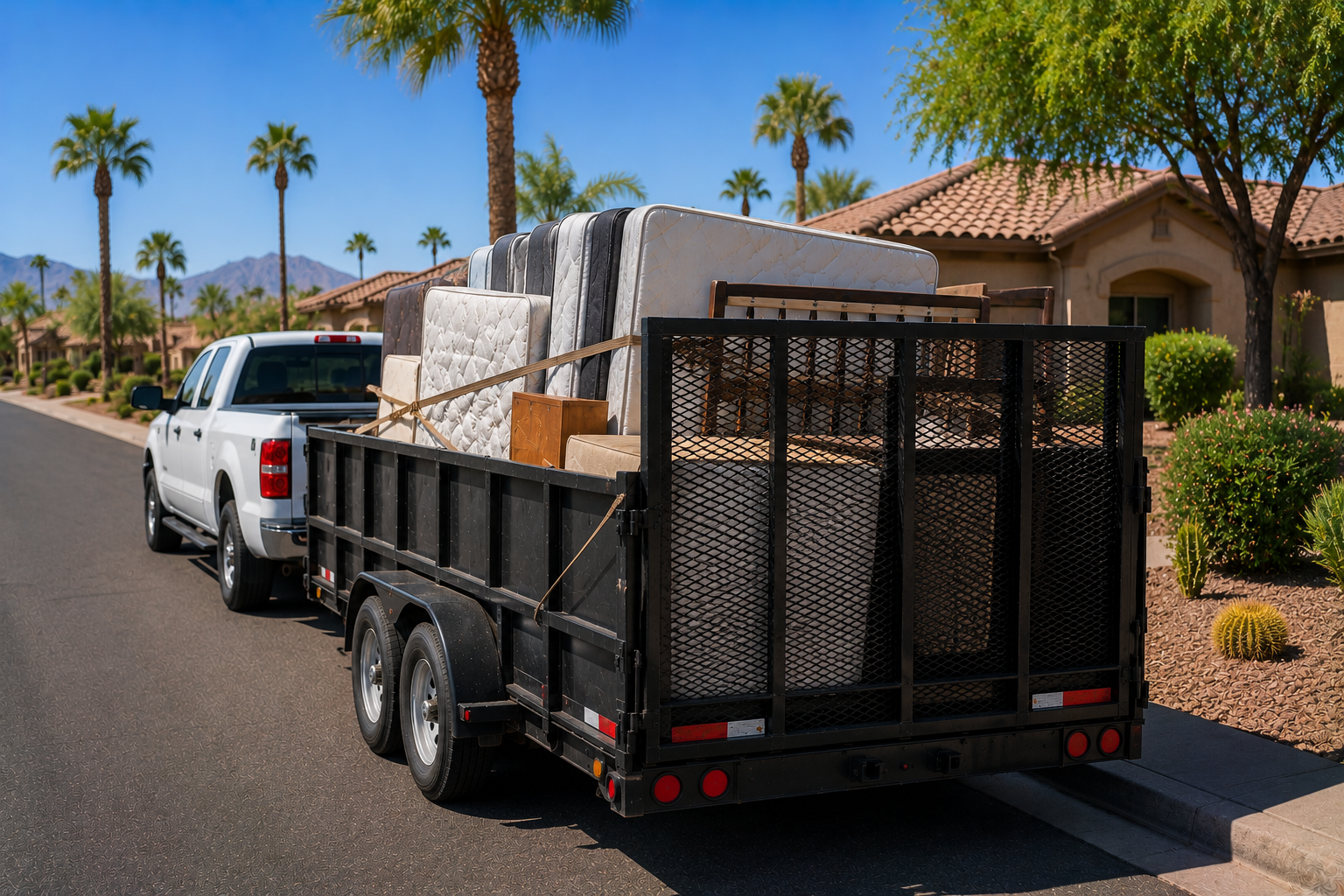 A white pickup truck parked on the street with a trailer loaded with old mattresses and furniture, in a sunny neighborhood with palm trees and houses.