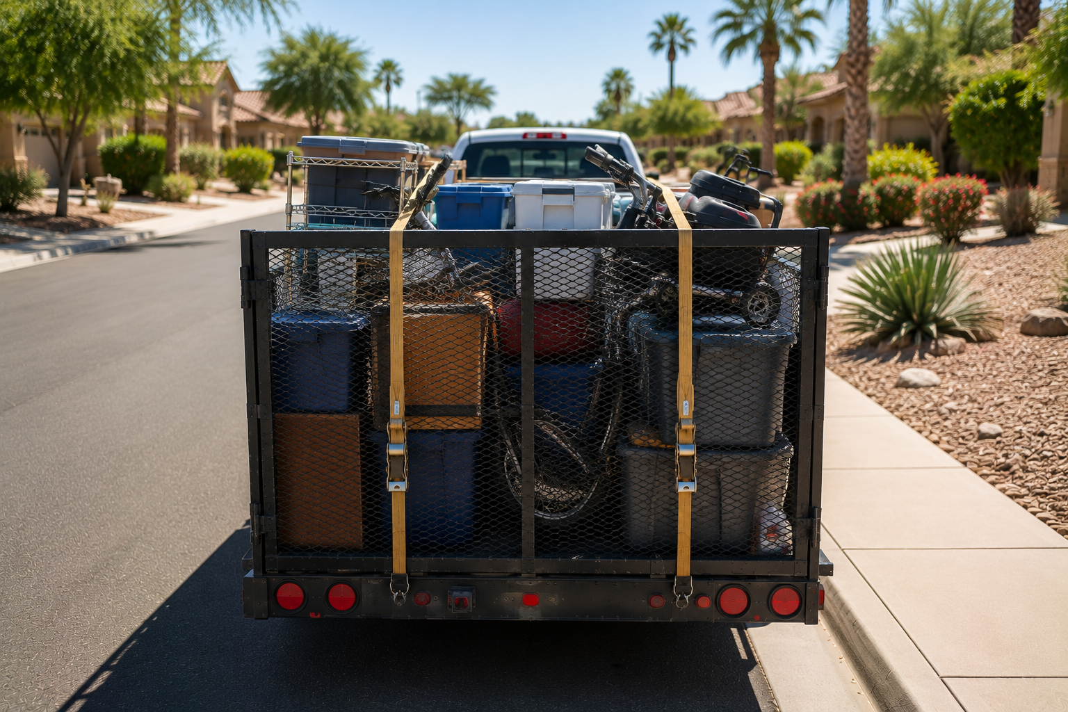 Back of a flatbed truck loaded with various items including containers, a bicycle, and other equipment, parked on a suburban street lined with palm trees.