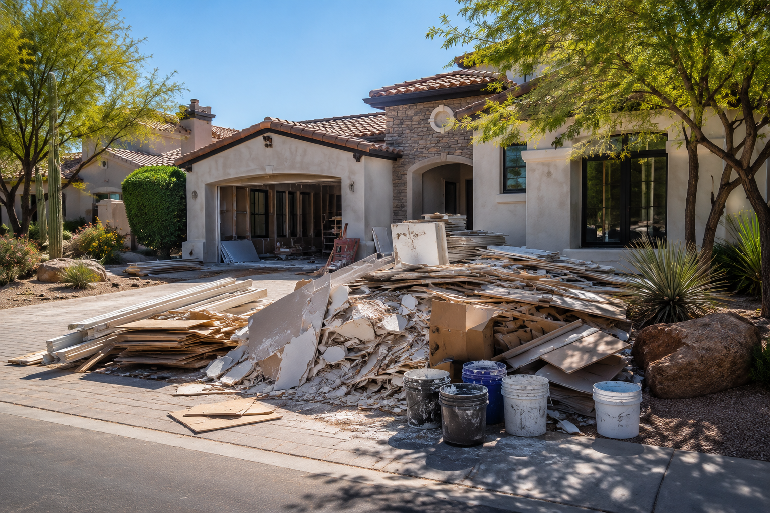 House under renovation with construction debris and buckets in the front yard