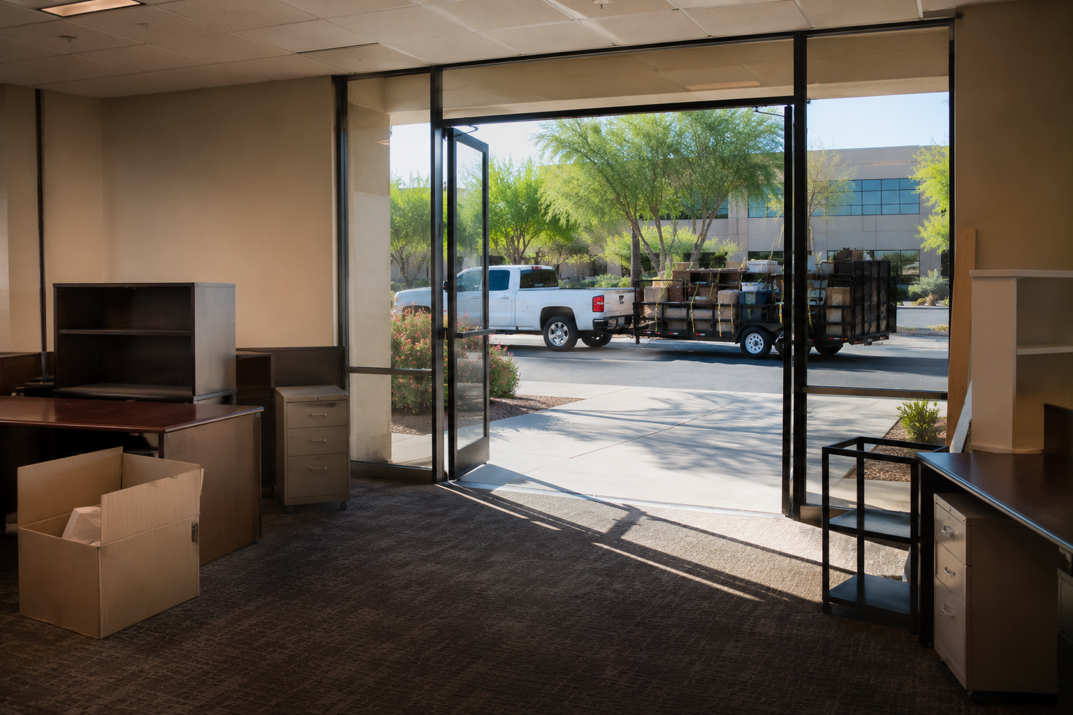 Inside an office space with empty desks and shelves, large open glass door leading outside, outside parking lot with a white pickup truck and a trailer loaded with boxes, sunny day with green trees.