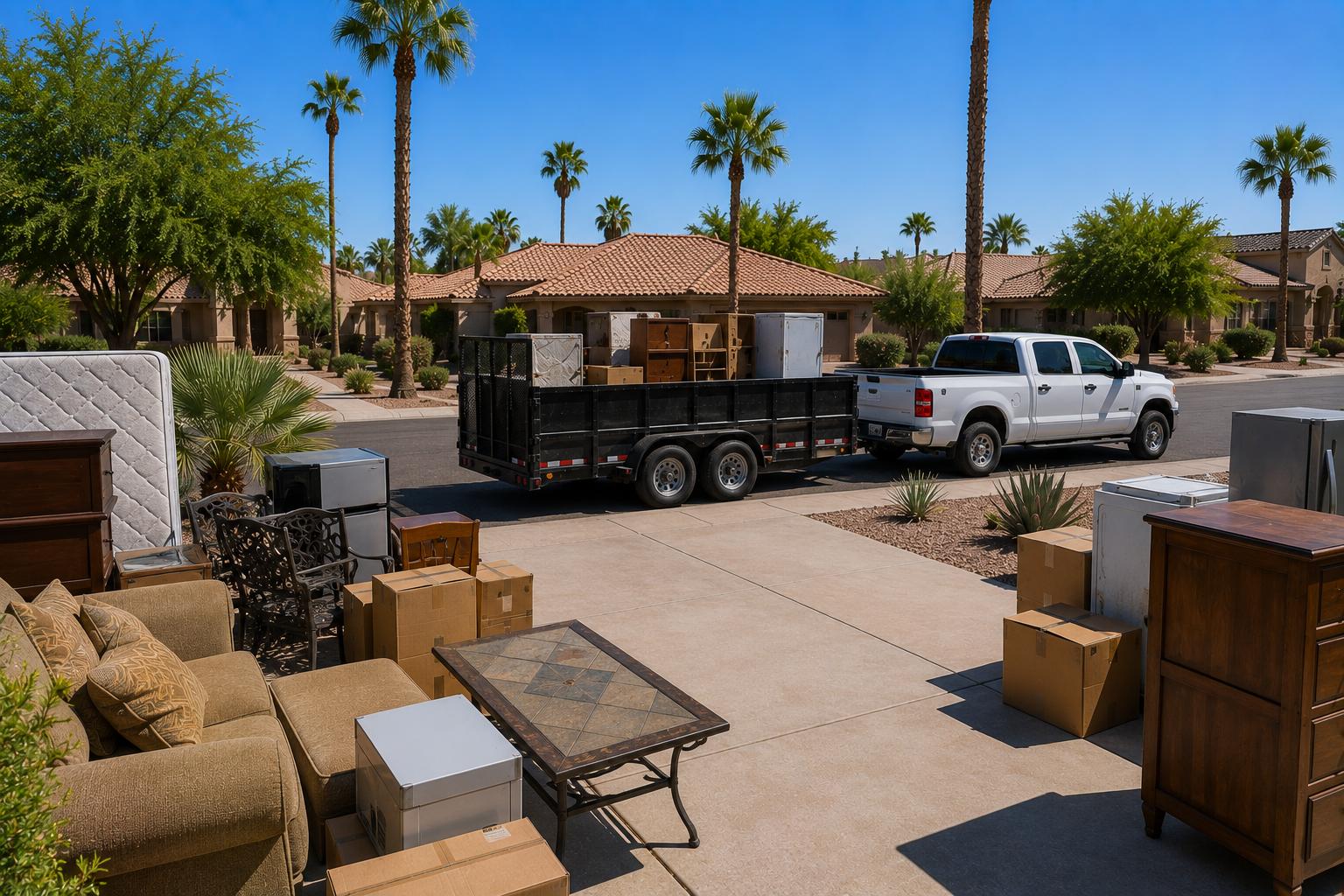 A residential neighborhood with a house and a front yard filled with various furniture and boxes. A truck is parked on the street loaded with furniture and household items.
