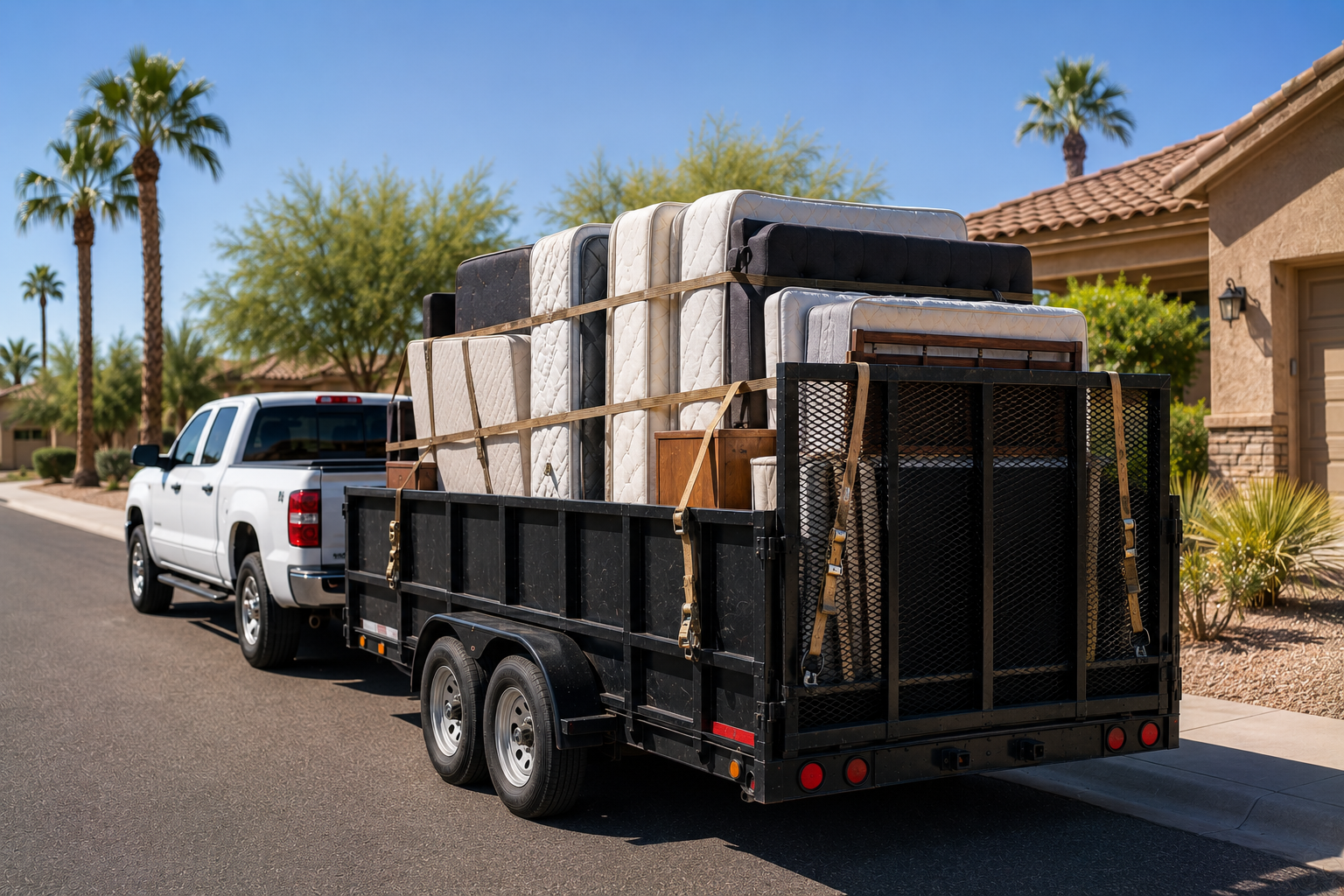 A truck hauling a trailer fully loaded with mattresses, furniture, and household goods, parked on a suburban street.