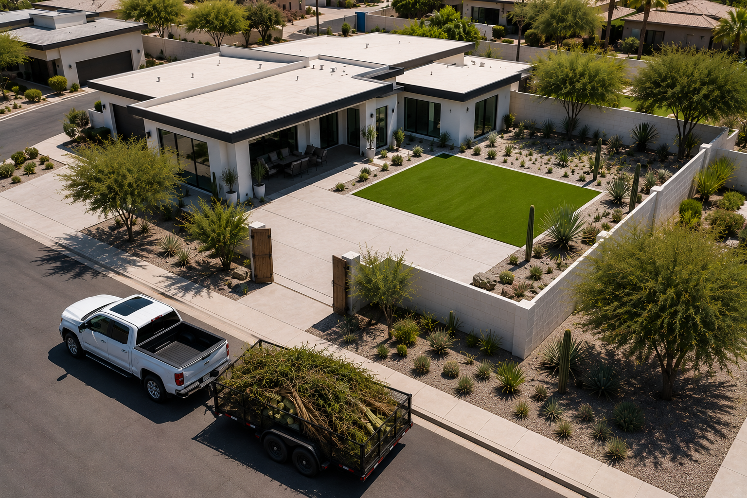 A modern single-story house with a white exterior and flat roof, surrounded by a well-maintained yard with desert plants, and a small lawn area. The house features large windows and a patio with seating. There are trees and desert landscaping along the property boundary, and a white pickup truck with a trailer carrying branches parked on the street in front.