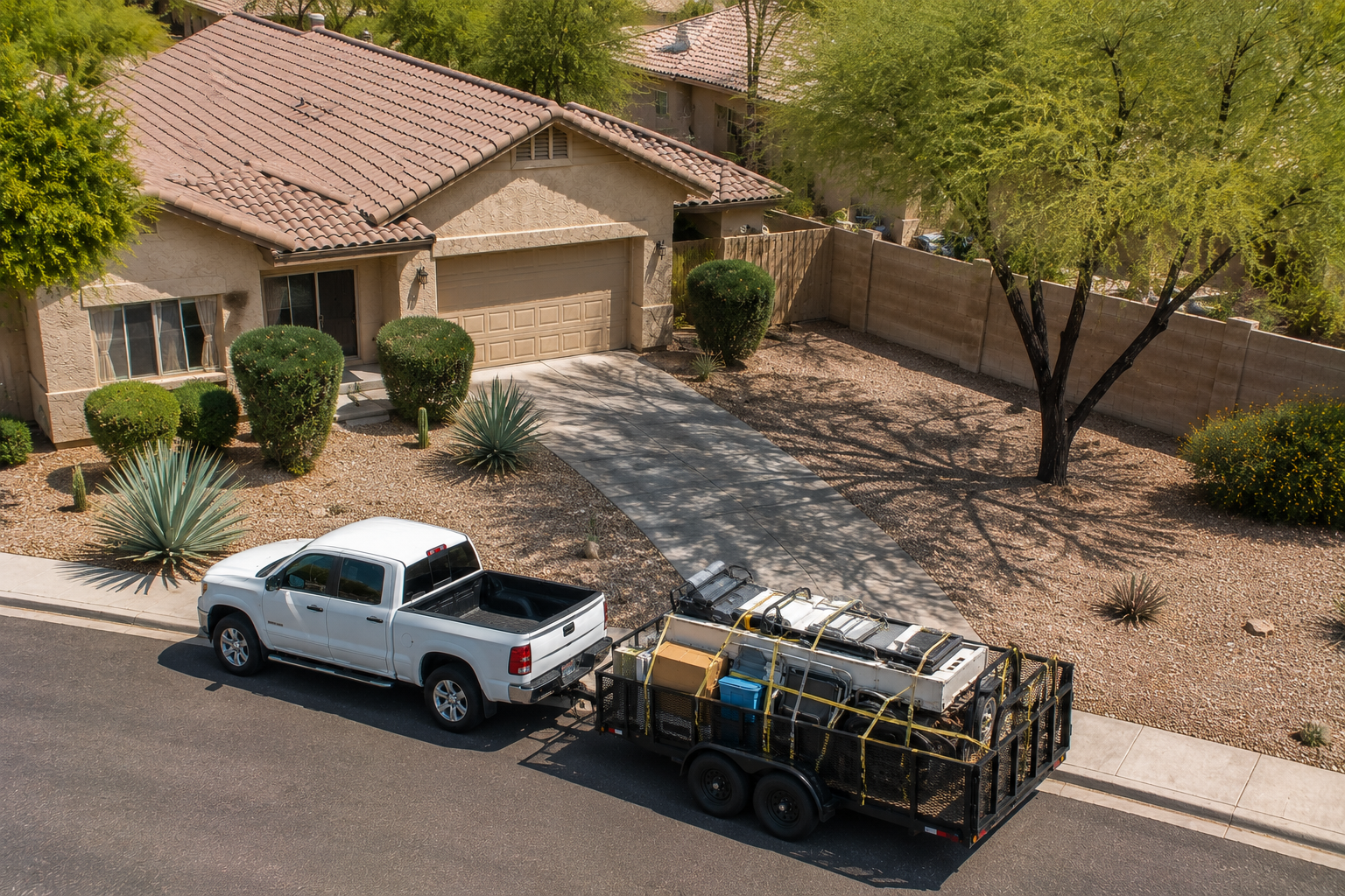 A white pickup truck parked on the street next to a driveway leading to a beige house with a tiled roof. The truck is attached to a trailer loaded with equipment and supplies, including various tools and containers, secured with yellow straps.