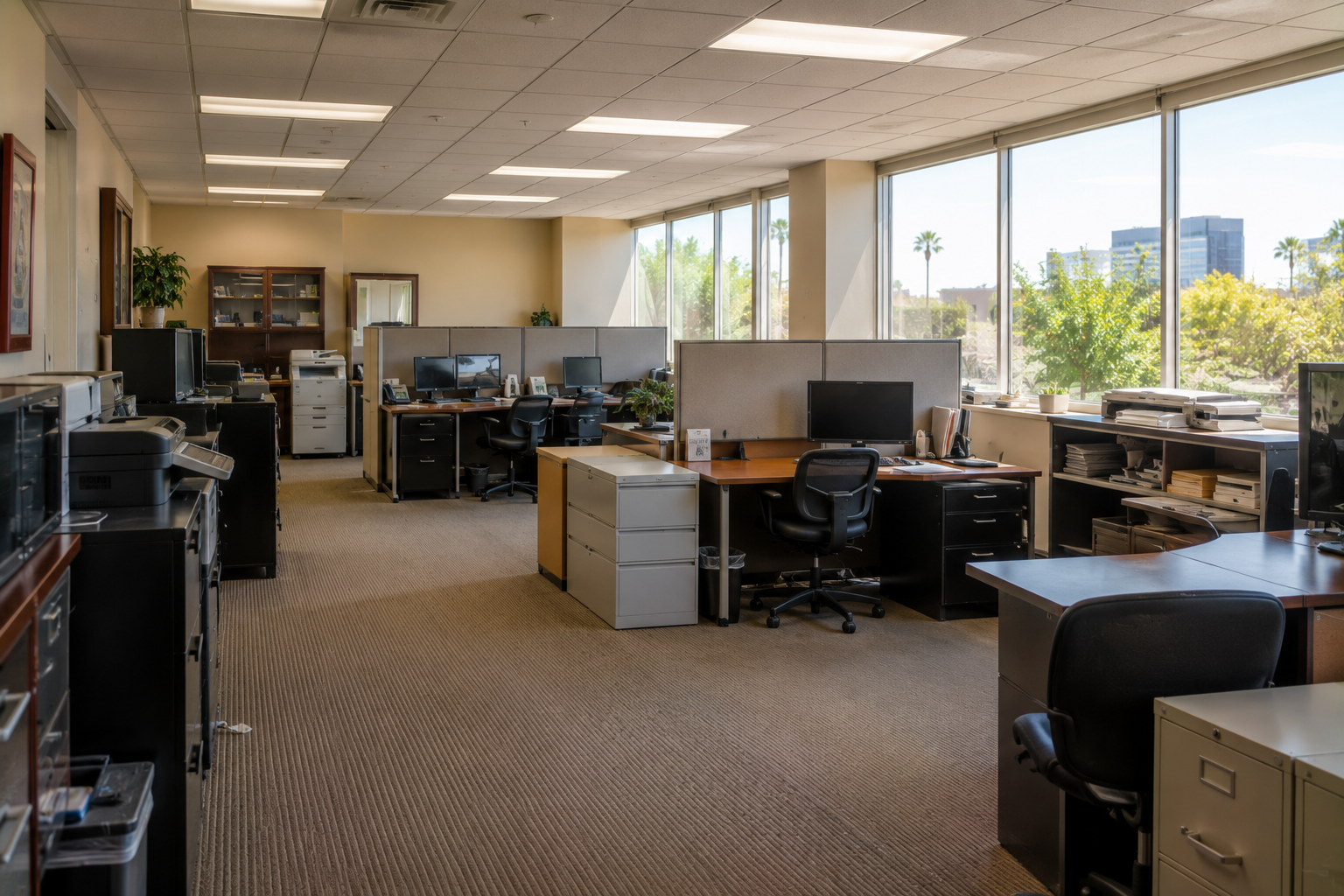 Office space with several desks, computers, office supplies, file cabinets, and large windows overlooking trees and buildings.