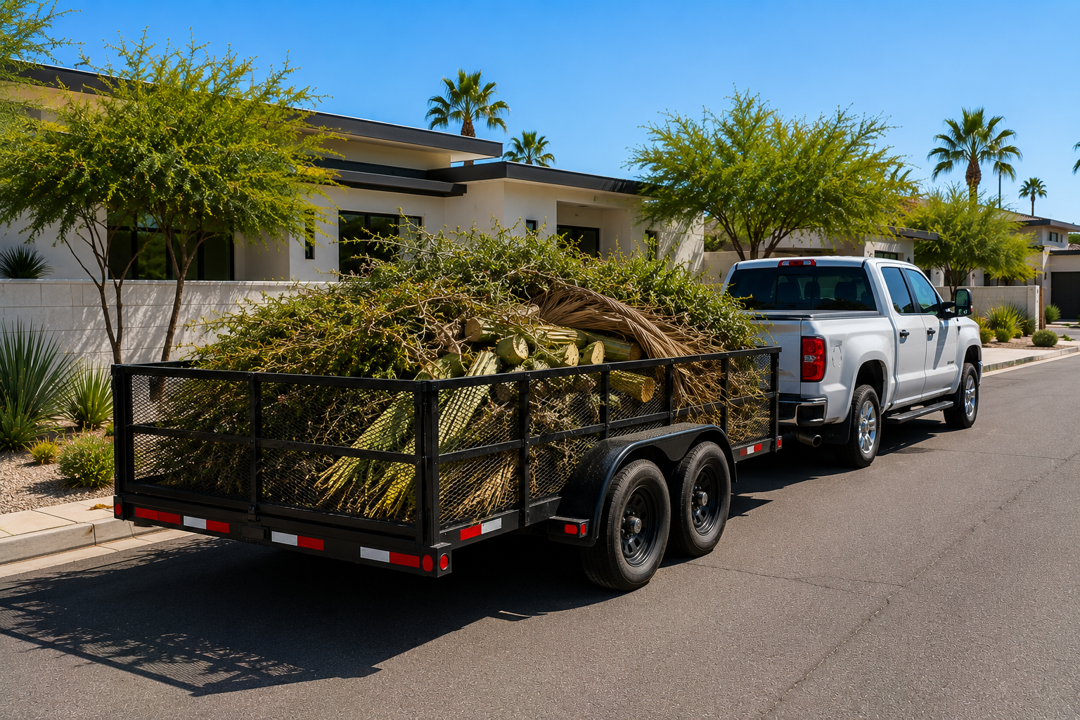 A white pickup truck attached to a trailer carrying yard debris, including branches, cacti, and palm fronds, parked on a residential street with modern houses and palm trees.