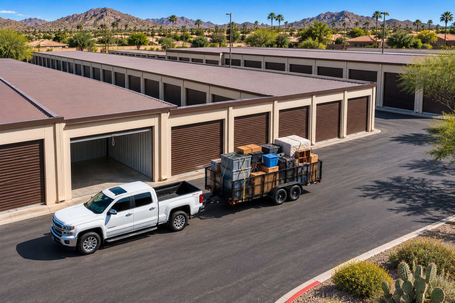 A white pickup truck parked outside storage units with a trailer loaded with boxes and furniture.