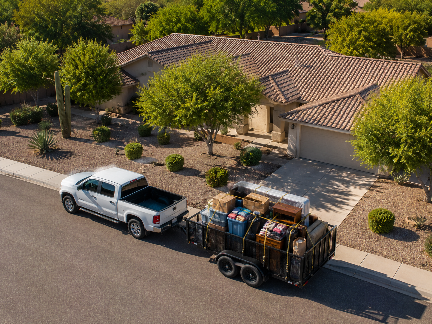 A white pickup truck parked in front of a house with a brown tiled roof and a two-car garage. Next to the truck is a trailer loaded with boxes, containers, and furniture. The house has a landscaped yard with trees and bushes.