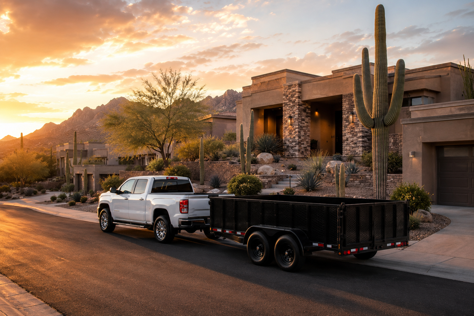 A modern house with desert landscaping including cacti, rocks, and sparse shrubs, during sunset. A white pickup truck with a black trailer attached is parked in front of the house, with mountains visible in the background.