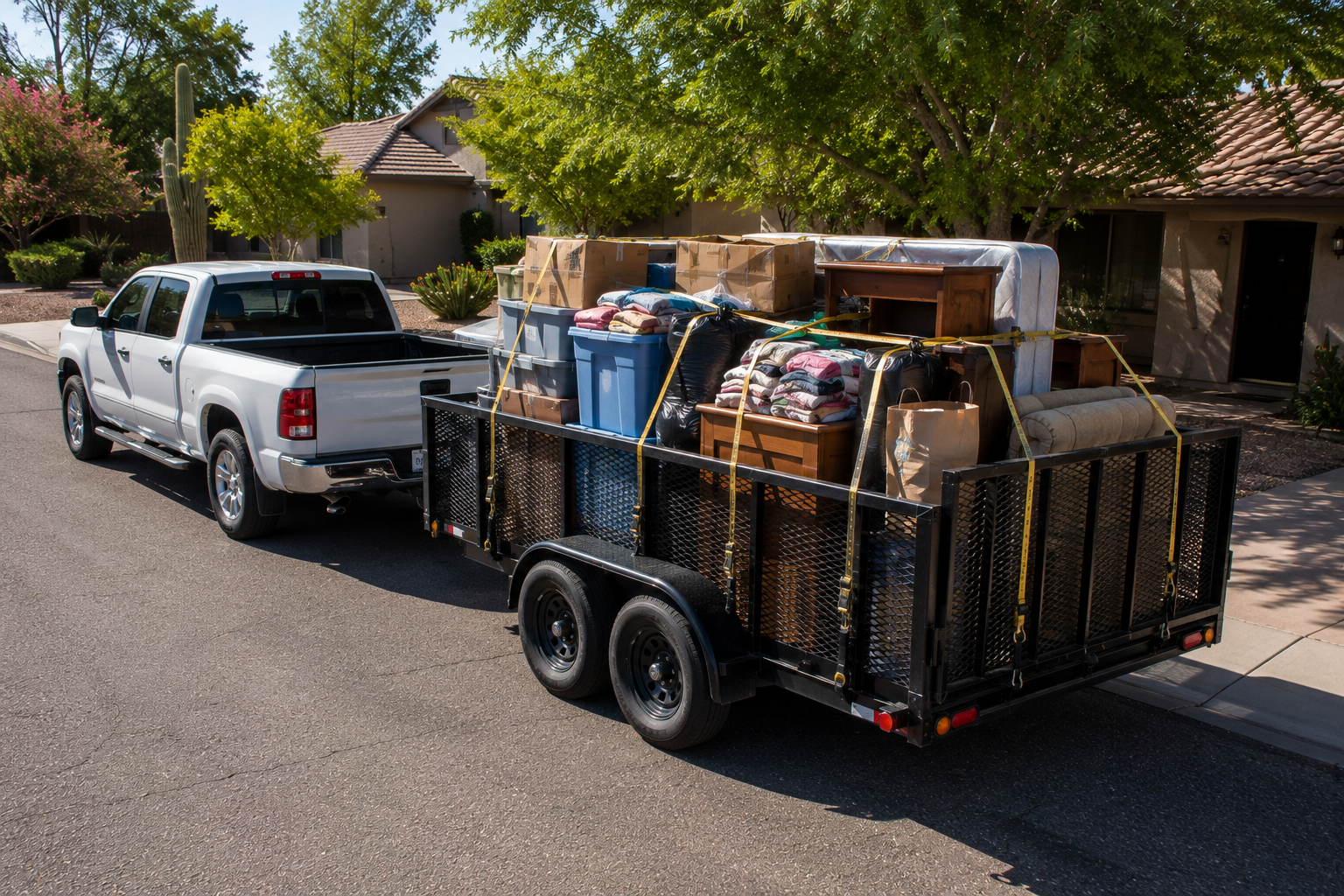Silver pickup truck pulling a flatbed trailer loaded with boxes, furniture, and household items on a suburban street lined with trees and houses.