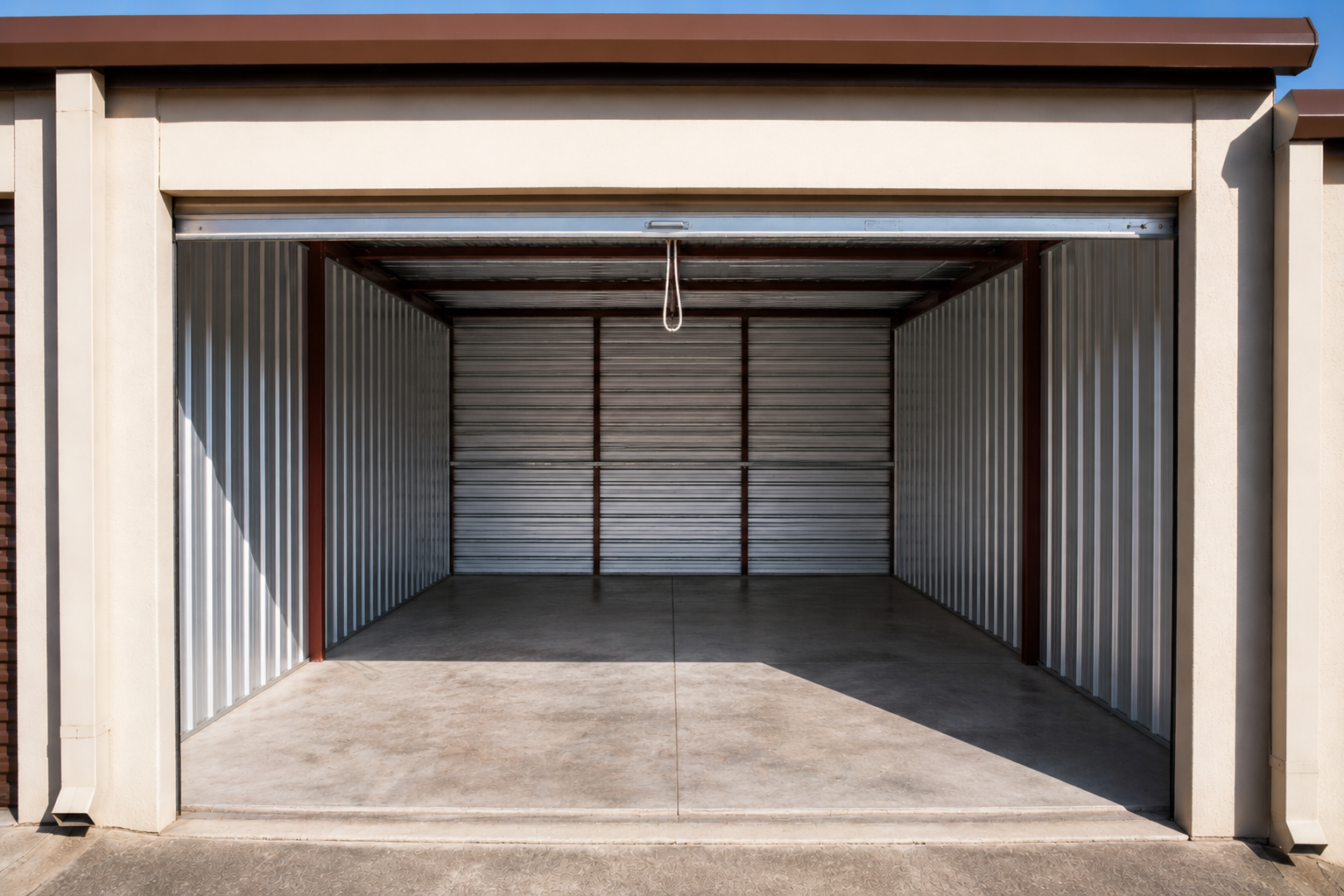 Empty metal garage with open roll-up door, concrete floor, and metal walls inside.
