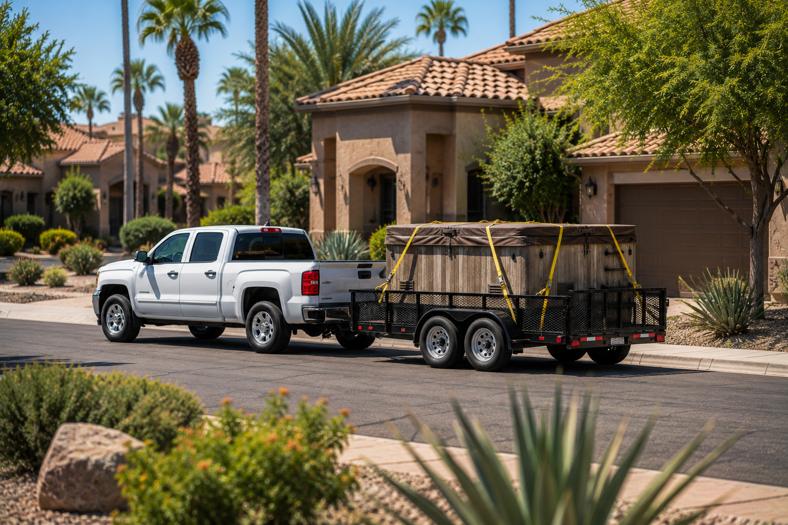 A white pickup truck parked on a suburban street, hitched to a trailer carrying a large wooden hot tub, with desert-style landscaping and houses in the background.