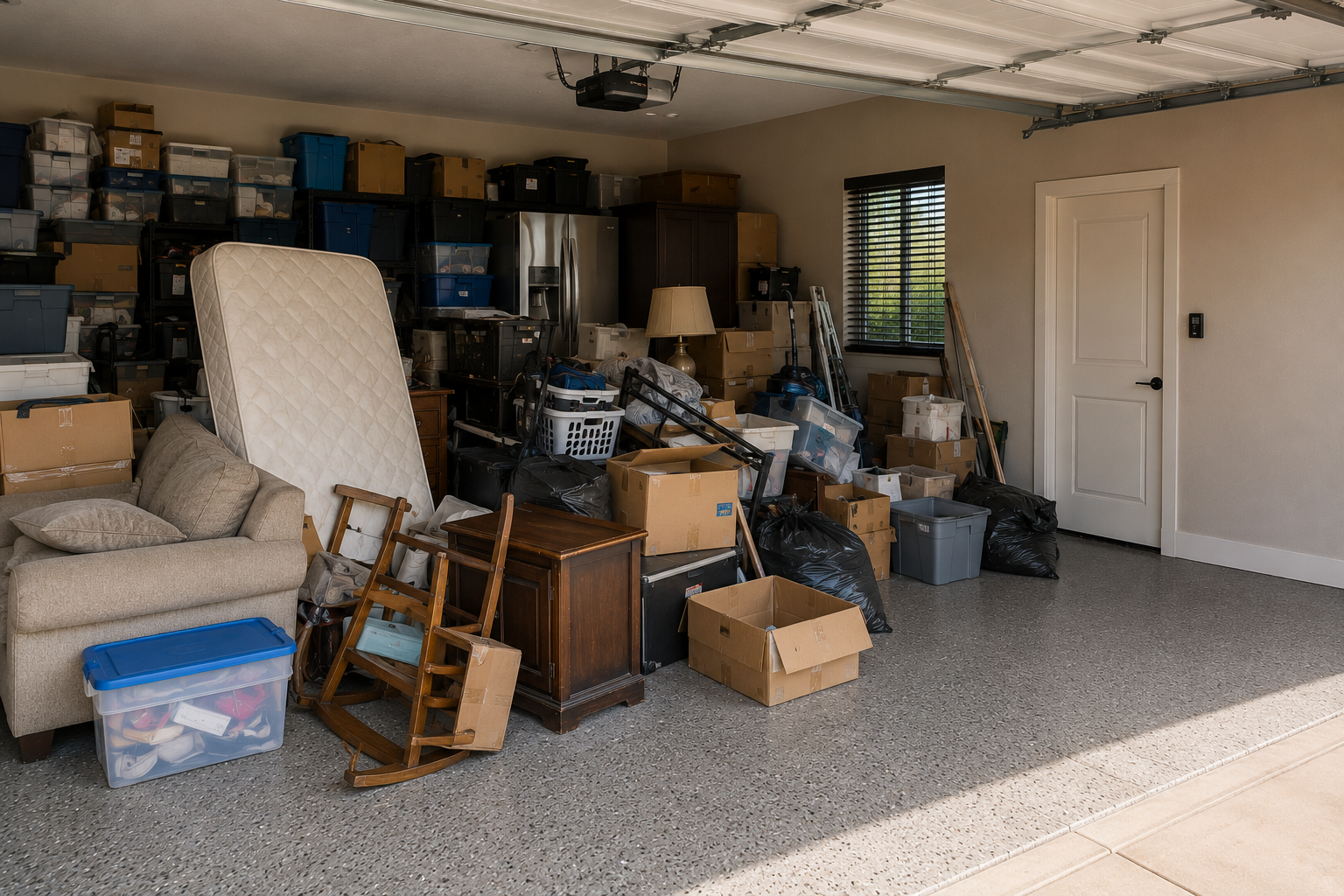 Garage with packed boxes, black trash bags, furniture, and household items, cluttered against the wall with a window and a white door to the right.