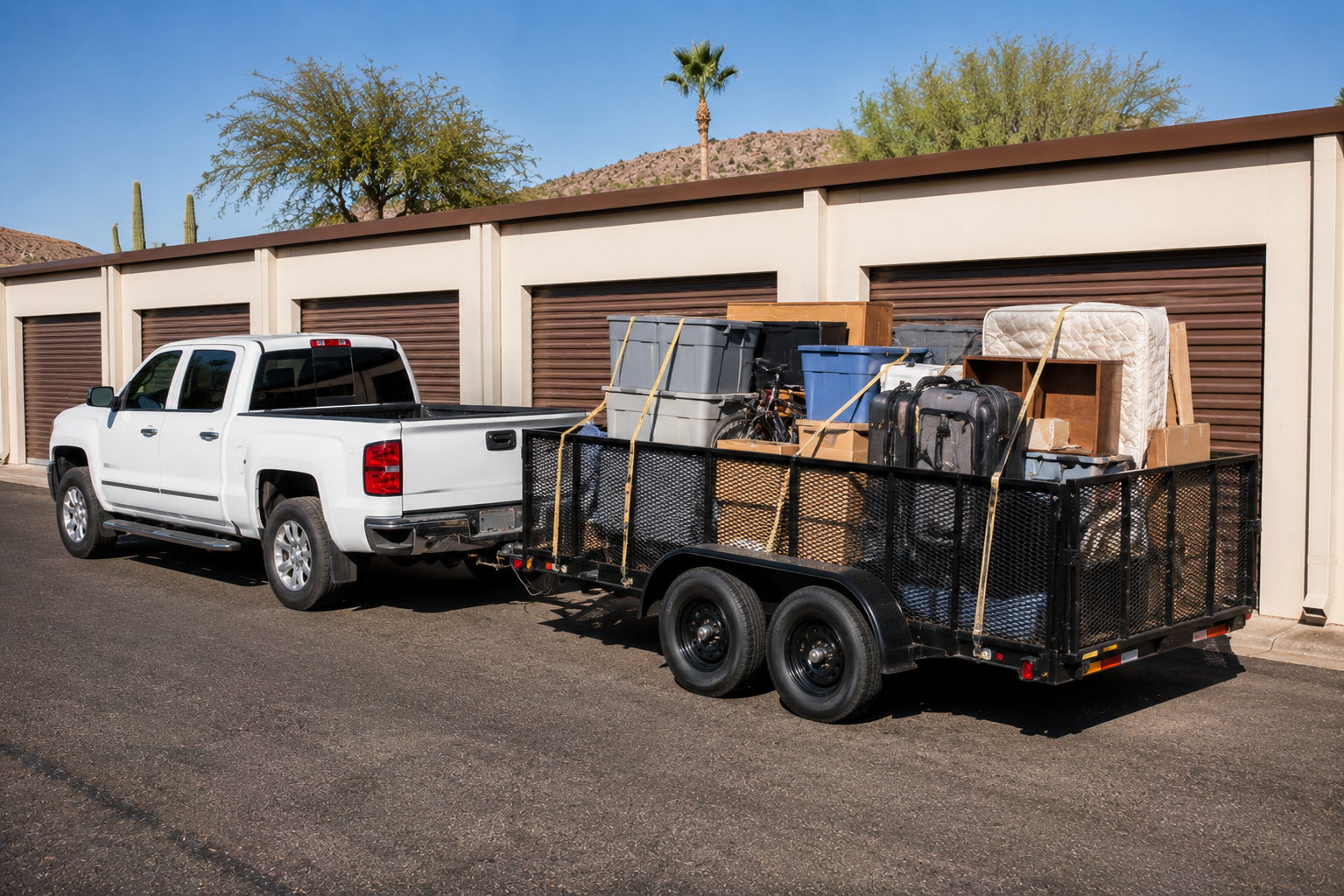 White pickup truck attached to a black utility trailer loaded with boxes, furniture, and miscellaneous items, parked in front of a storage unit row with brown roll-up doors under a clear blue sky.