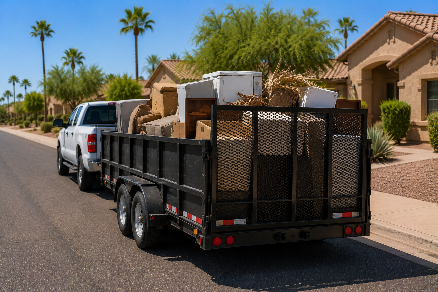 A truck parked on a suburban street loaded with discarded furniture and household items.