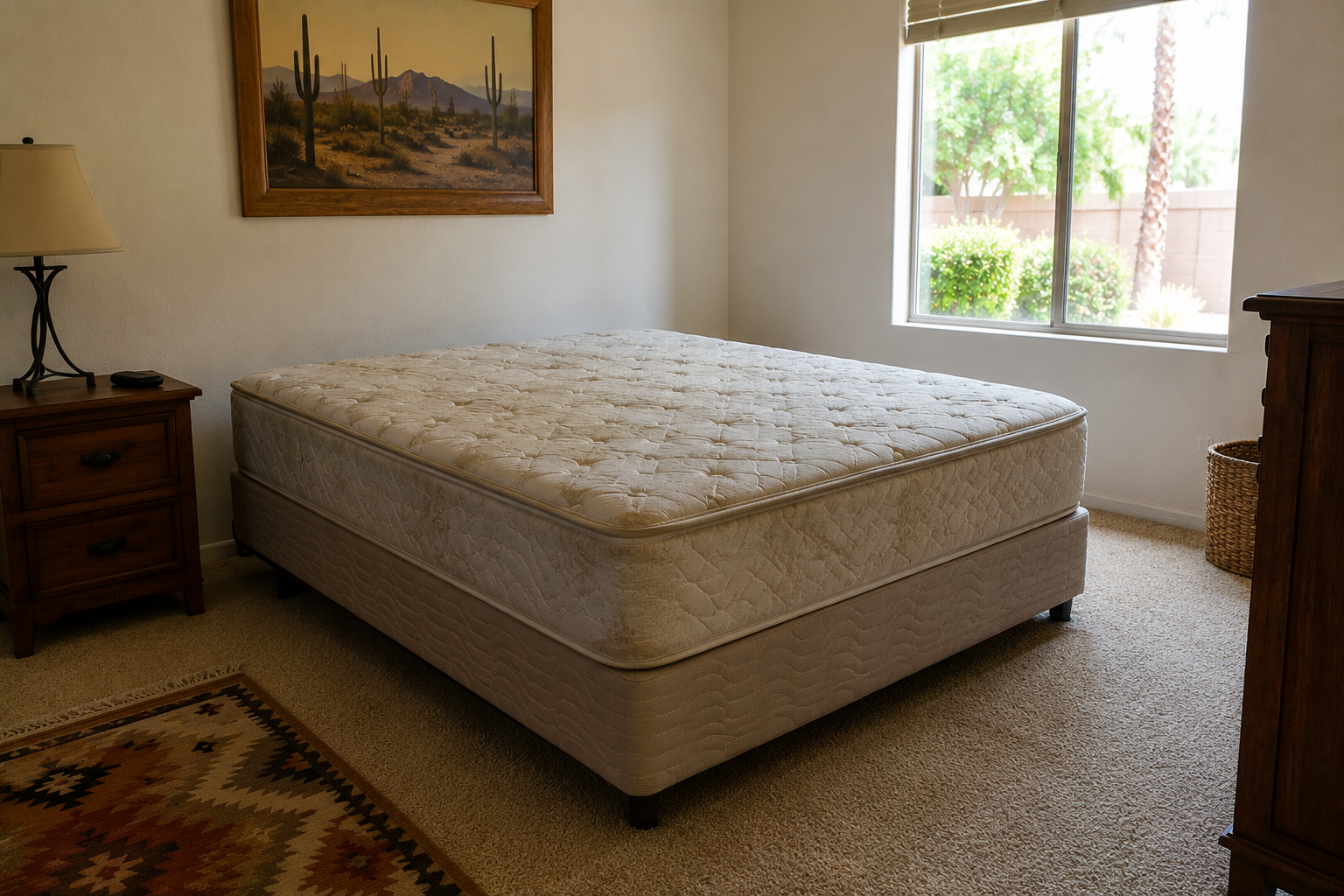 An empty bedroom with a mattress on the bed frame, a wooden nightstand with a lamp and remote, a window with blinds showing outside greenery, a framed desert landscape painting, a woven basket, and a patterned rug.