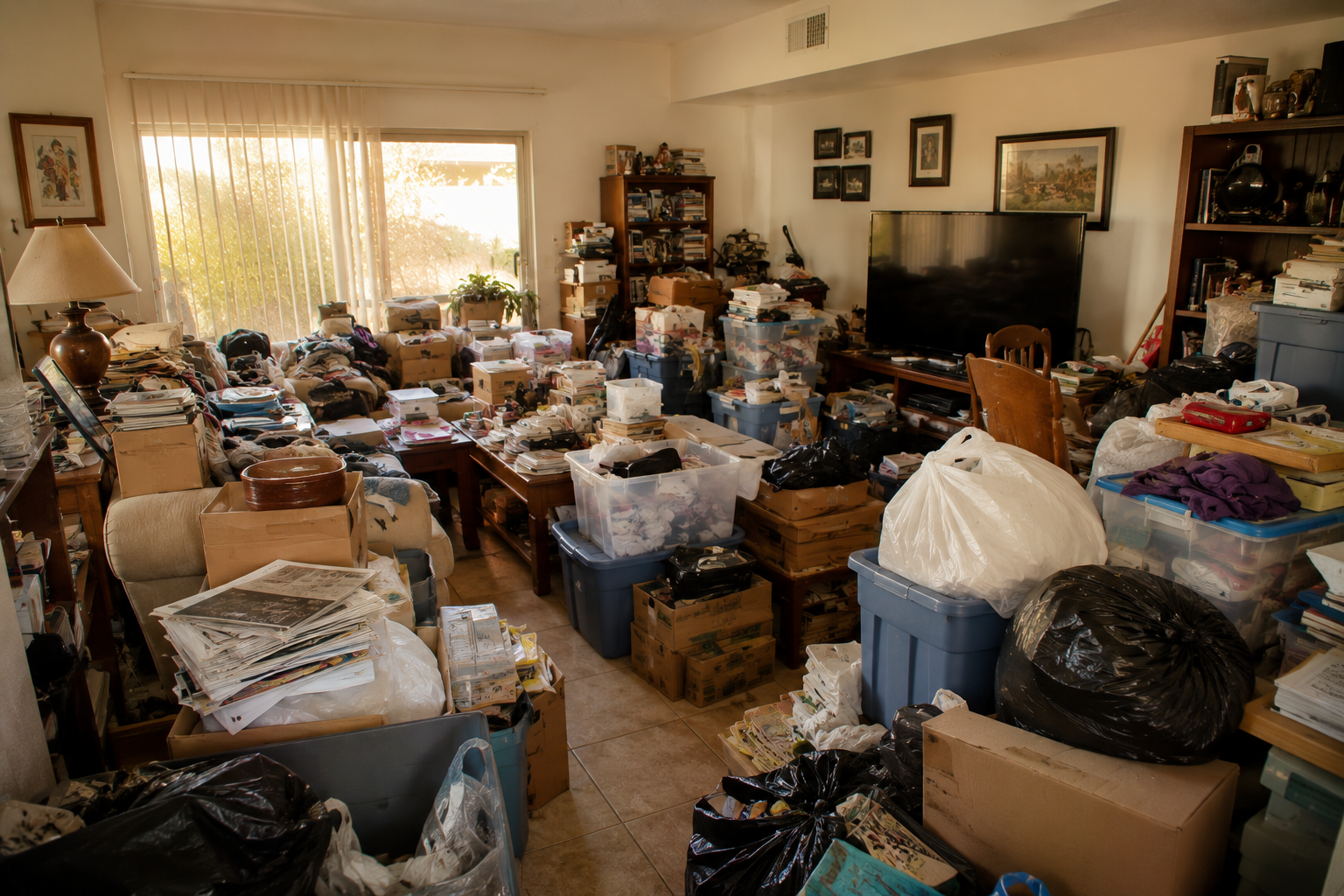 Living room filled with clutter, including boxes, piles of papers, books, and bags scattered across furniture and floor.