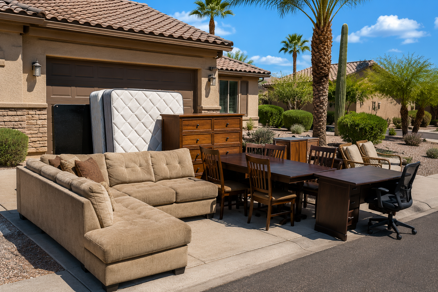 Outdoor scene with furniture, including a beige sectional sofa, wooden dining table with chairs, an office chair, a dresser, and mattresses, set against a desert landscape with palm trees and shrubs, under a blue sky.