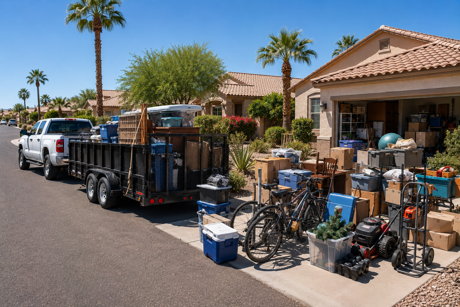 Side of a house with a driveway filled with boxes, furniture, bikes, and various household items during a move or garage sale.