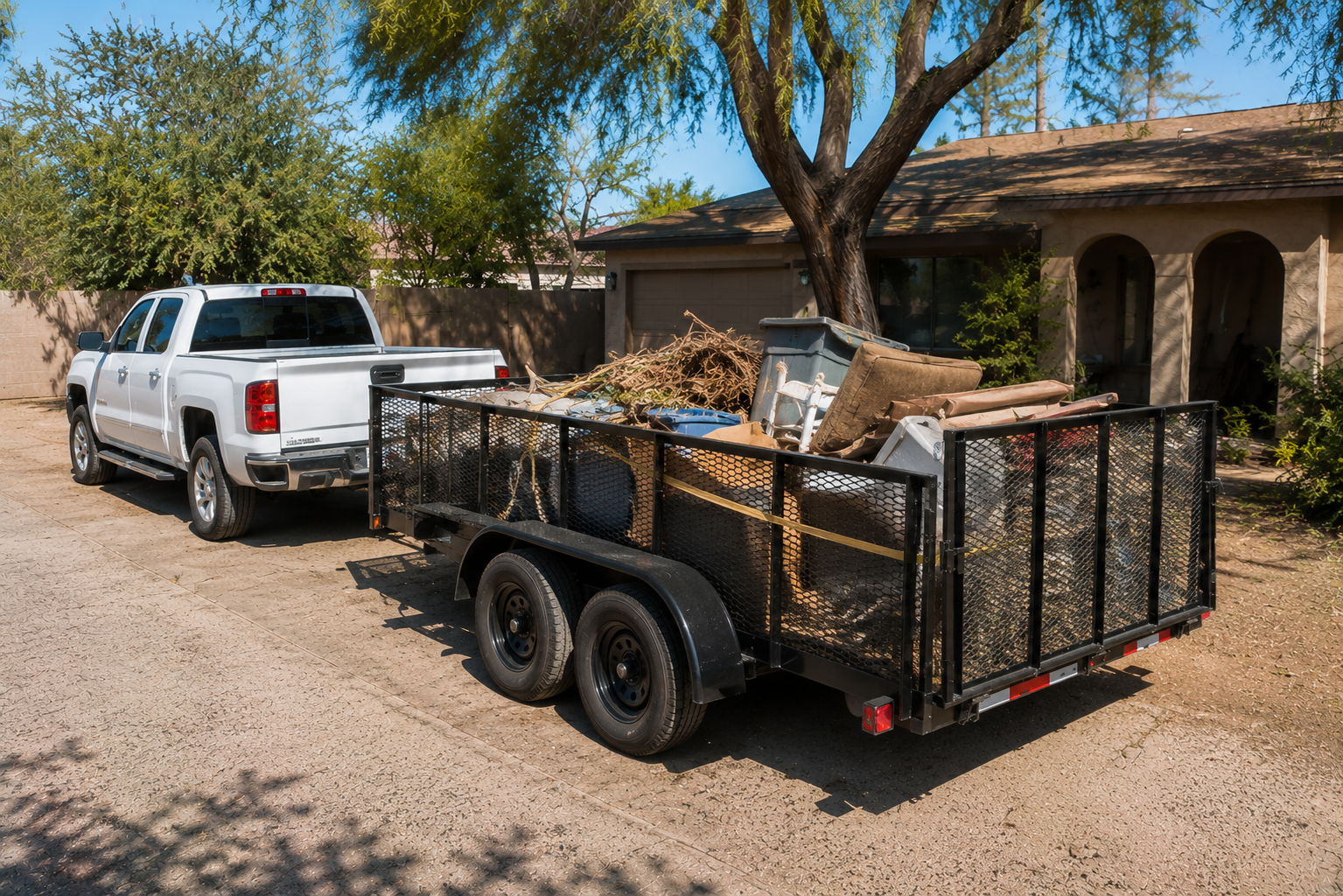White pickup truck with black utility trailer attached, filled with household debris including tree branches, furniture, and boxes, parked in front of a beige house with a tree overhead on a sunny day.