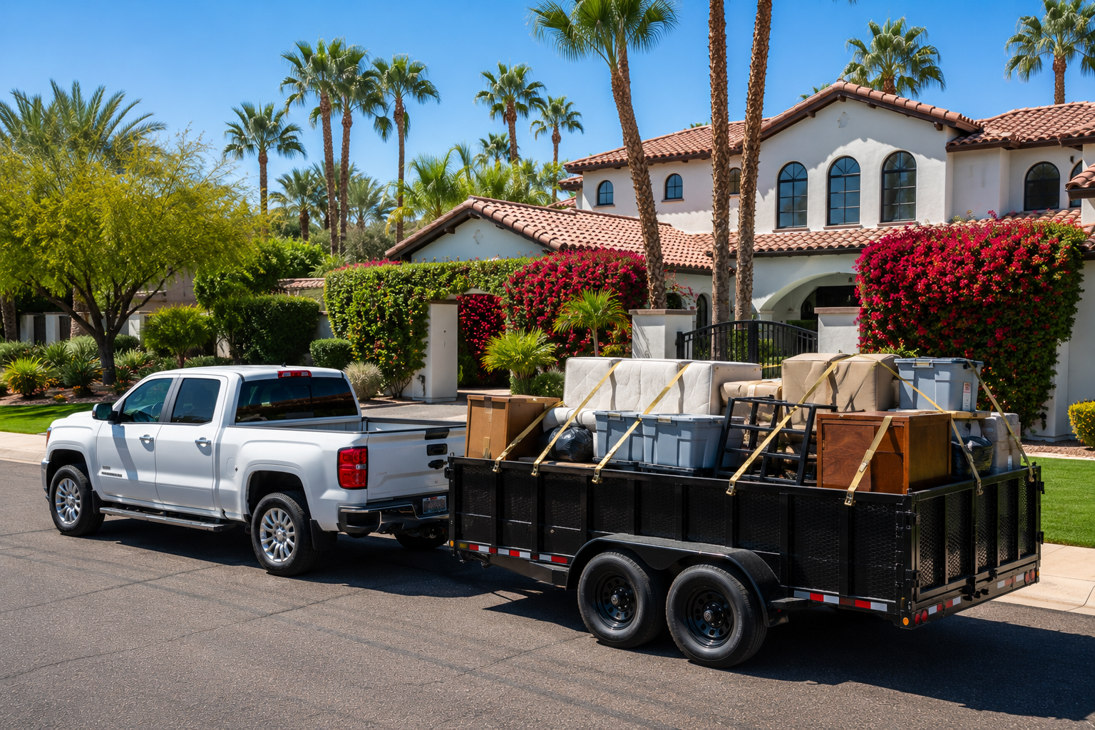 A white pickup truck with a trailer attached, loaded with furniture and boxes, parked in front of a house with a decorated front yard and palm trees.