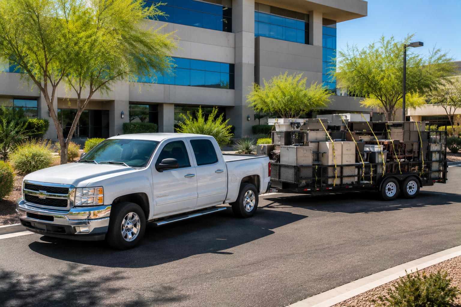 A white pickup truck parked in front of a modern office building, attached to a trailer loaded with various office furniture and equipment.