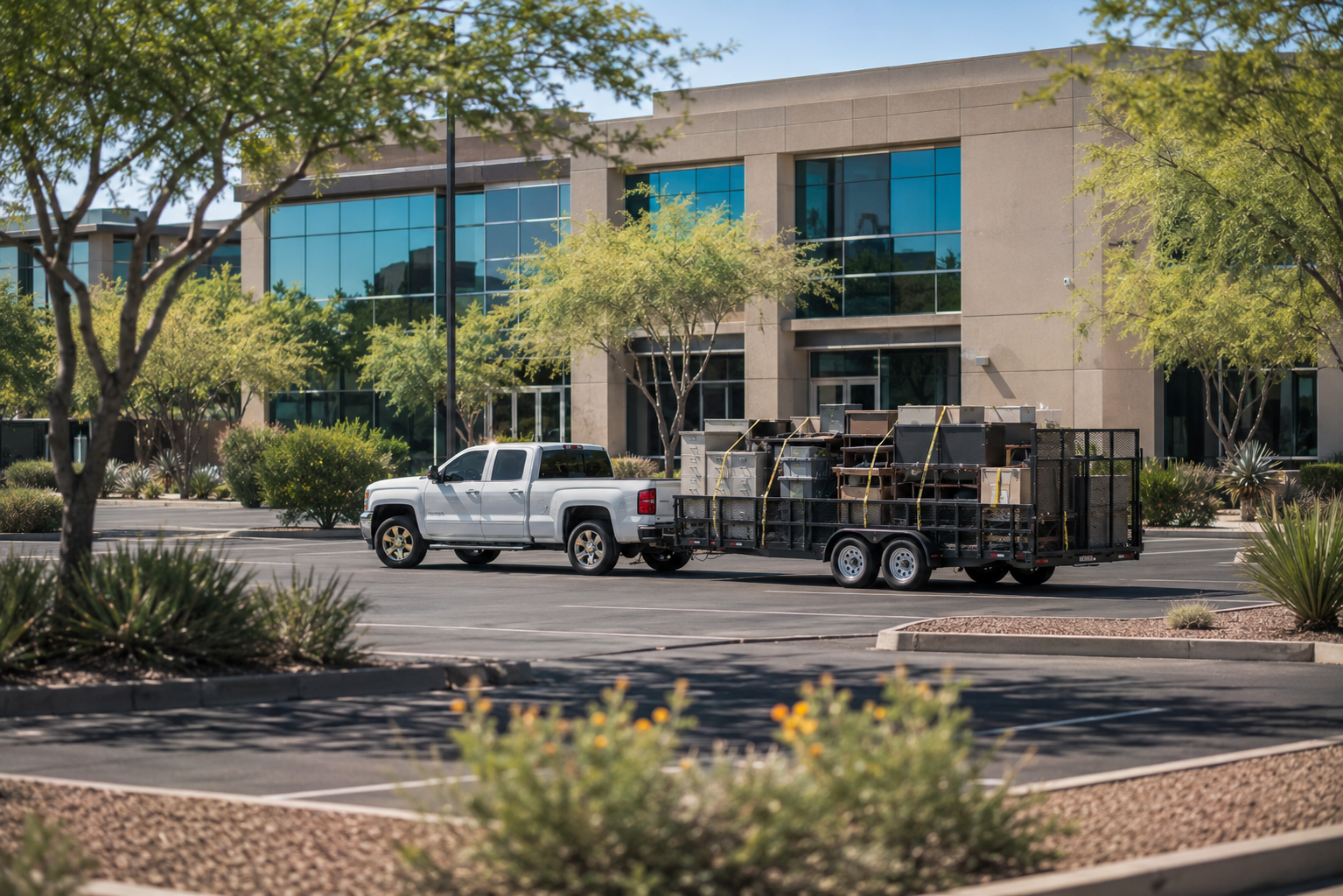 A white pickup truck with a trailer loaded with furniture and boxes parked in an empty parking lot outside a modern office building with reflective glass windows, surrounded by desert plants and trees.