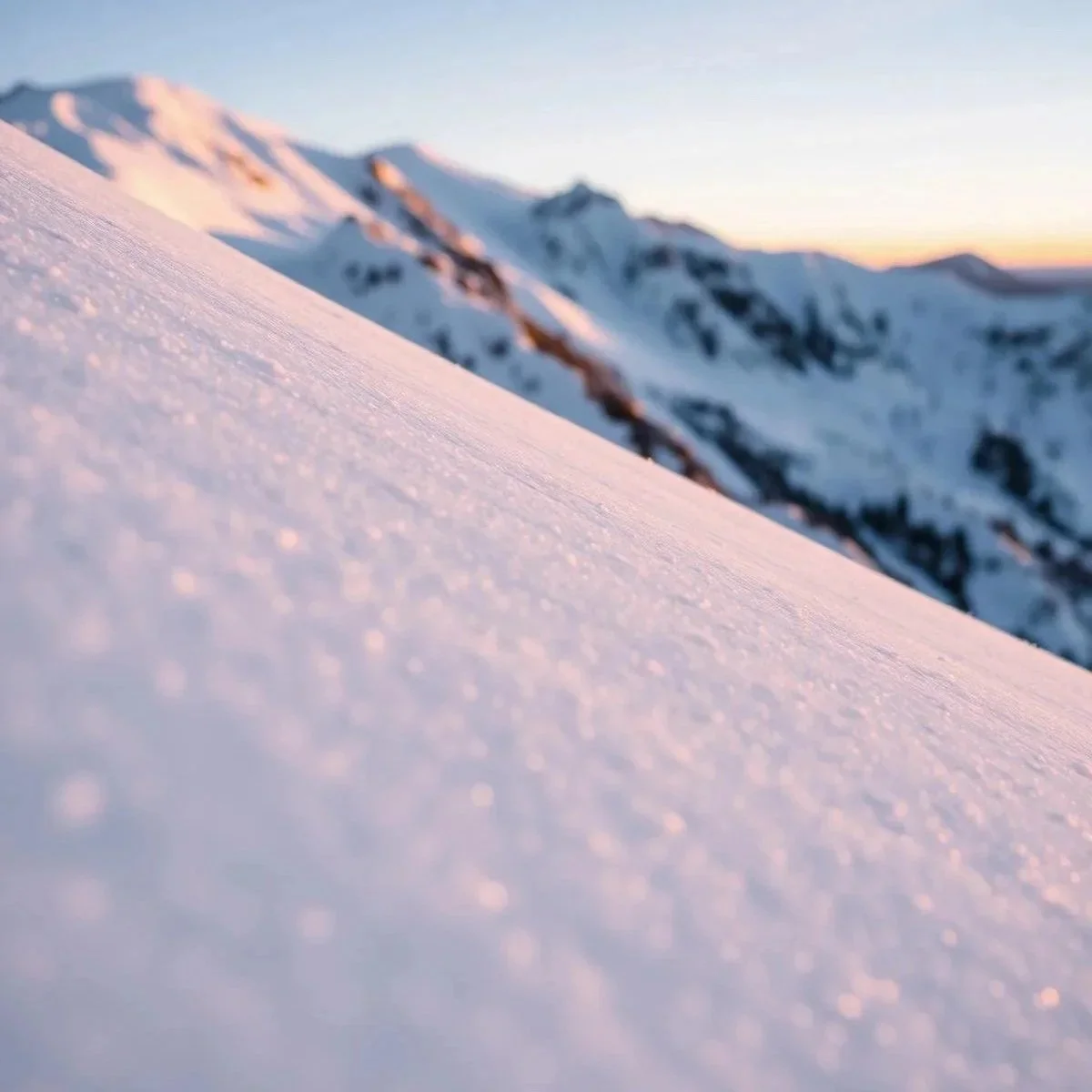 Close-up of snow-covered mountain slope at sunrise, with distant snow-capped peaks and a clear sky.