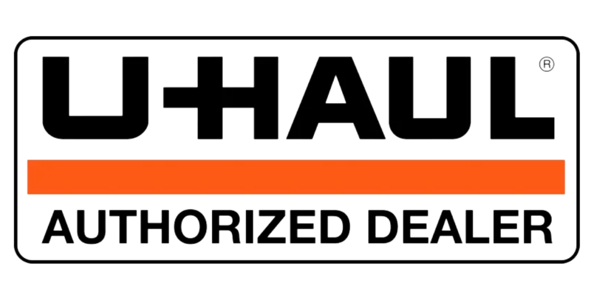 U-Haul authorized dealer logo with black text, orange stripe, and black border.
