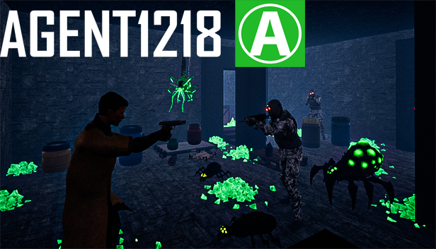 Two people wearing tactical gear in a dark, computer-generated environment engaged in a gunfight with various glowing green and black creatures, including bugs and spiders, surrounded by scattered luminous green crystals.