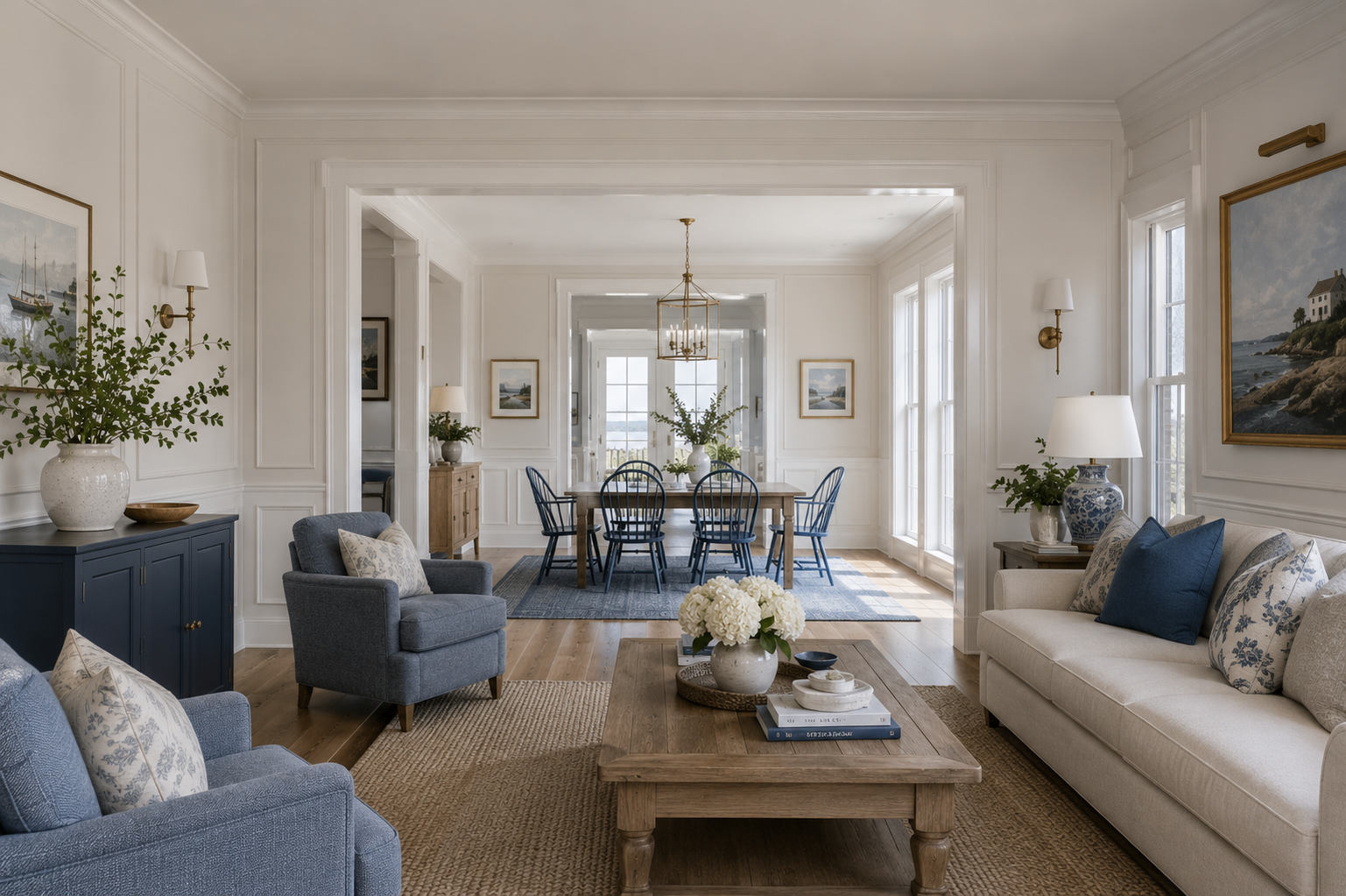 Living room with white walls, wooden flooring, beige sofa with blue and beige cushions, blue armchair, wooden coffee table with flowers, blue cabinet, and a dining area with a wooden table and chairs, decorated with paintings and greenery.