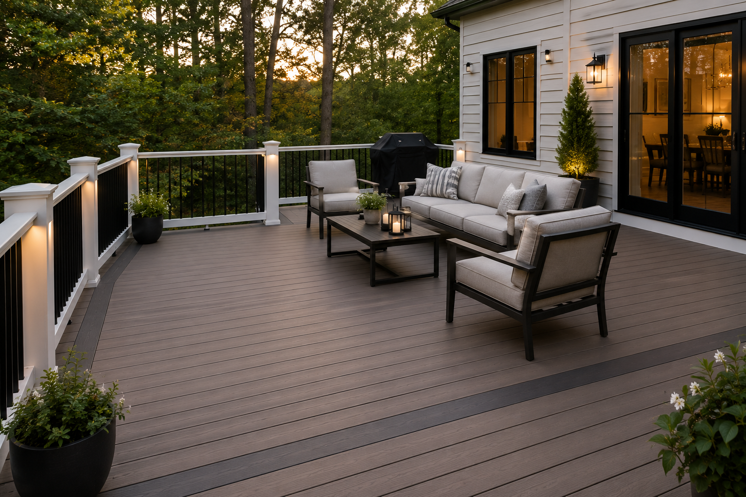A spacious outdoor deck with modern furniture, potted plants, and warm lighting, overlooking a wooded area at sunset.