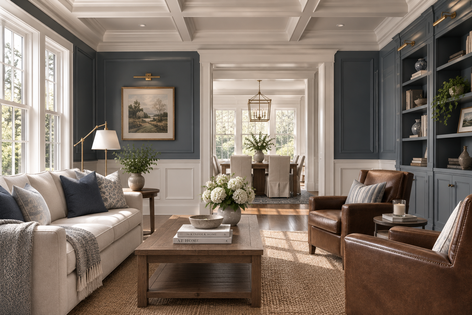 Living room with blue and white walls, beige sofa with blue and patterned pillows, two brown leather armchairs, a wooden coffee table with a vase of white flowers and books, built-in blue shelves, large windows, and a dining room in the background with a chandelier and round table.