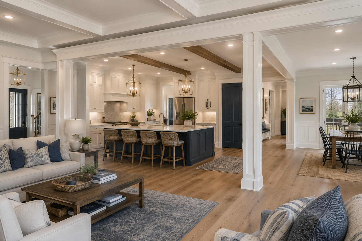 Open-concept living, kitchen, and dining area with white walls, hardwood floors, and natural light; kitchen features a large island with a dark base, white cabinetry, and pendant lighting; living area has white sofas with blue and patterned throw pillows and a wooden coffee table; dining area with a wooden table and black chairs; interior decorated with plants, artwork, and neutral tones.