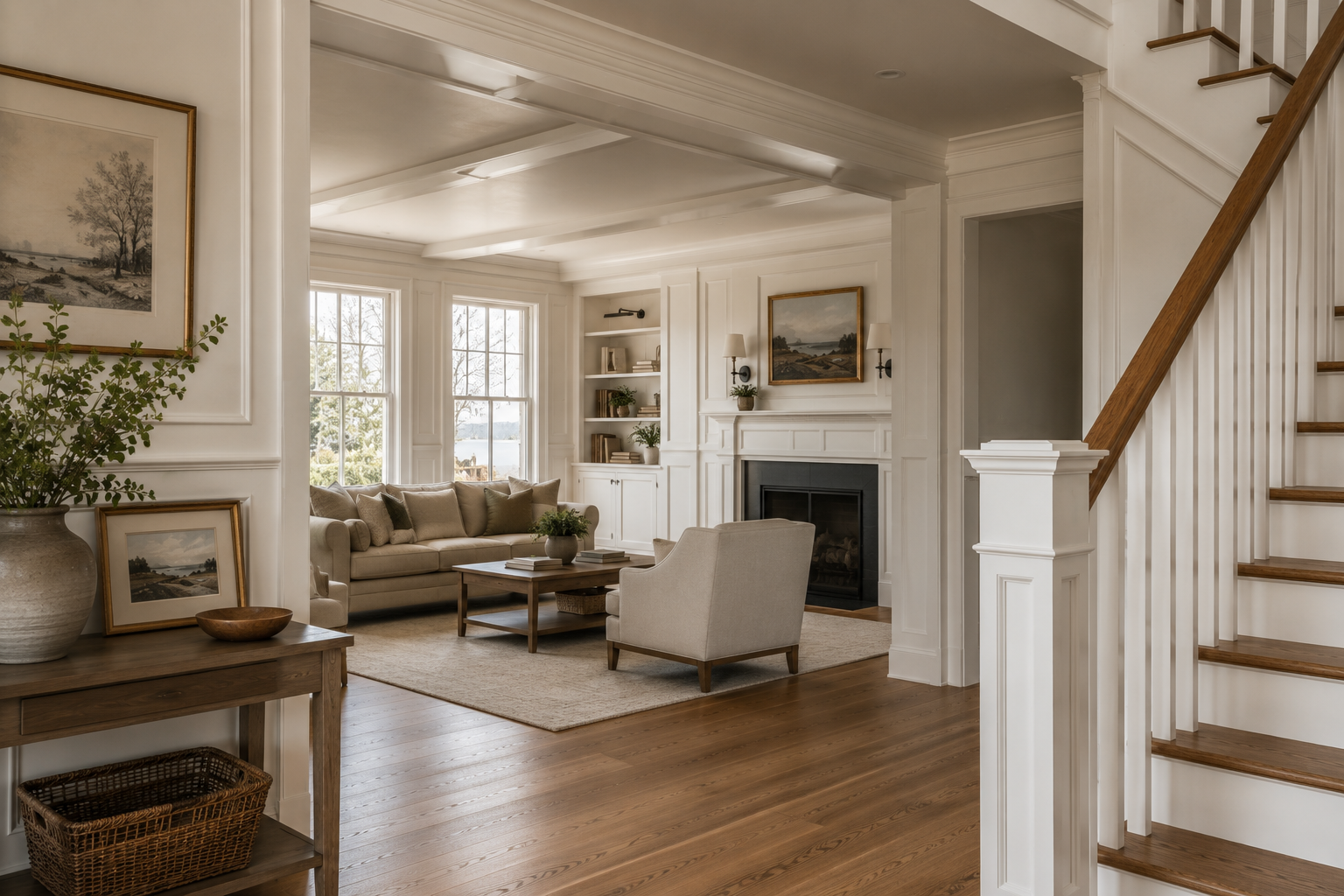 A living room with white walls, large windows, a beige sofa, an armchair, a wooden coffee table, a fireplace, and built-in shelves. Hardwood flooring and framed landscape art are visible.