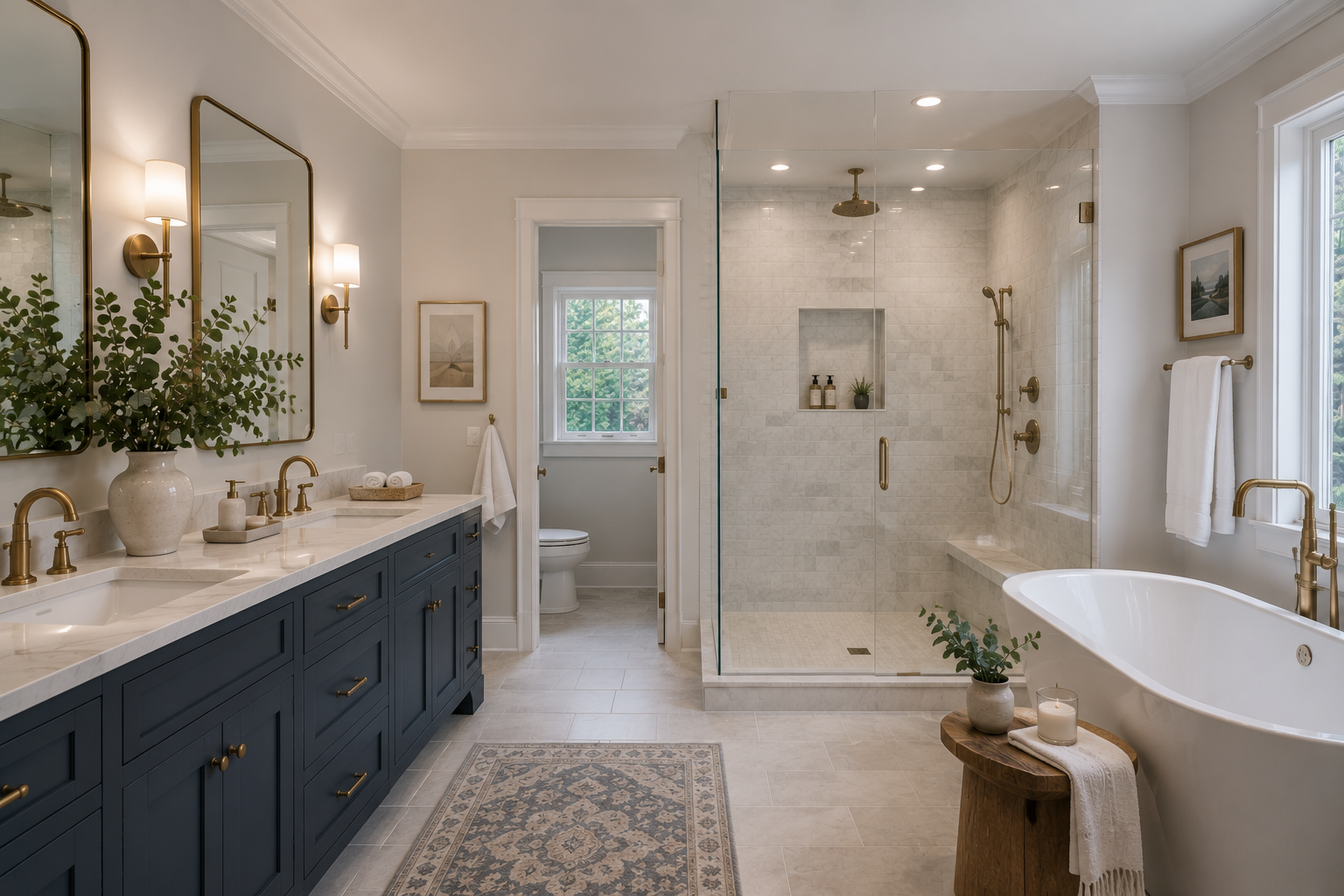 Modern bathroom with double vanity, white countertops, navy blue cabinets, gold fixtures, large mirror, hanging plants, walk-in shower with glass door, bathtub, and natural light from windows.